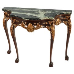 Antique English Reproduction Carved Mahogany and Gilt Console Table with Marble