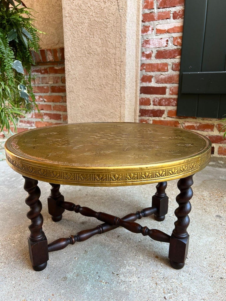 Vintage English Round Brass Coffee Tea Wine Table Folding W Barley