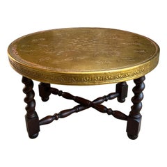 Antique English Round Brass Coffee Tea Wine Table Folding W Barley Twist Base