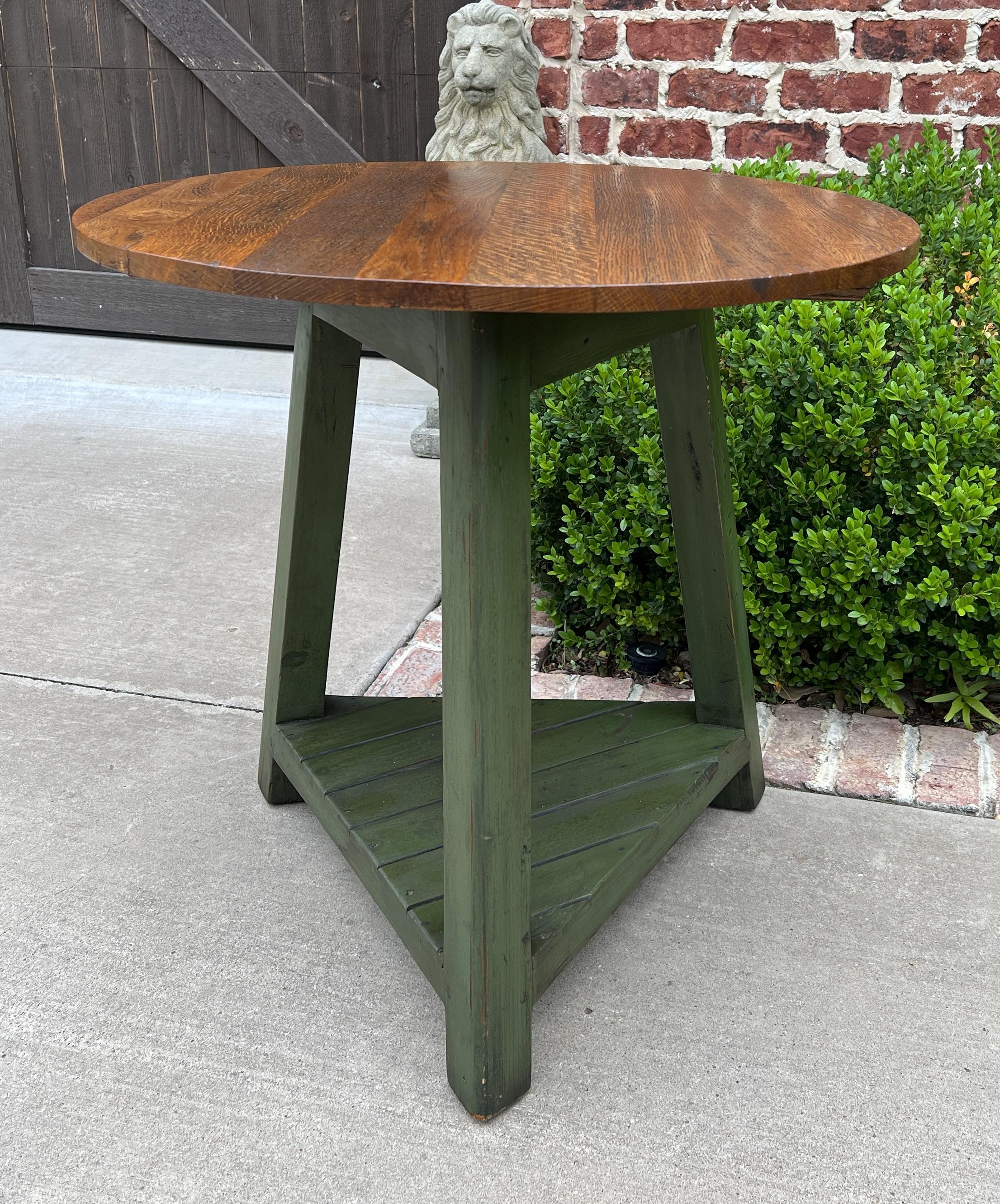 Mid-20th Century Vintage English Round Cricket Table End Table Side Table Oak 3-Legged Green Base For Sale
