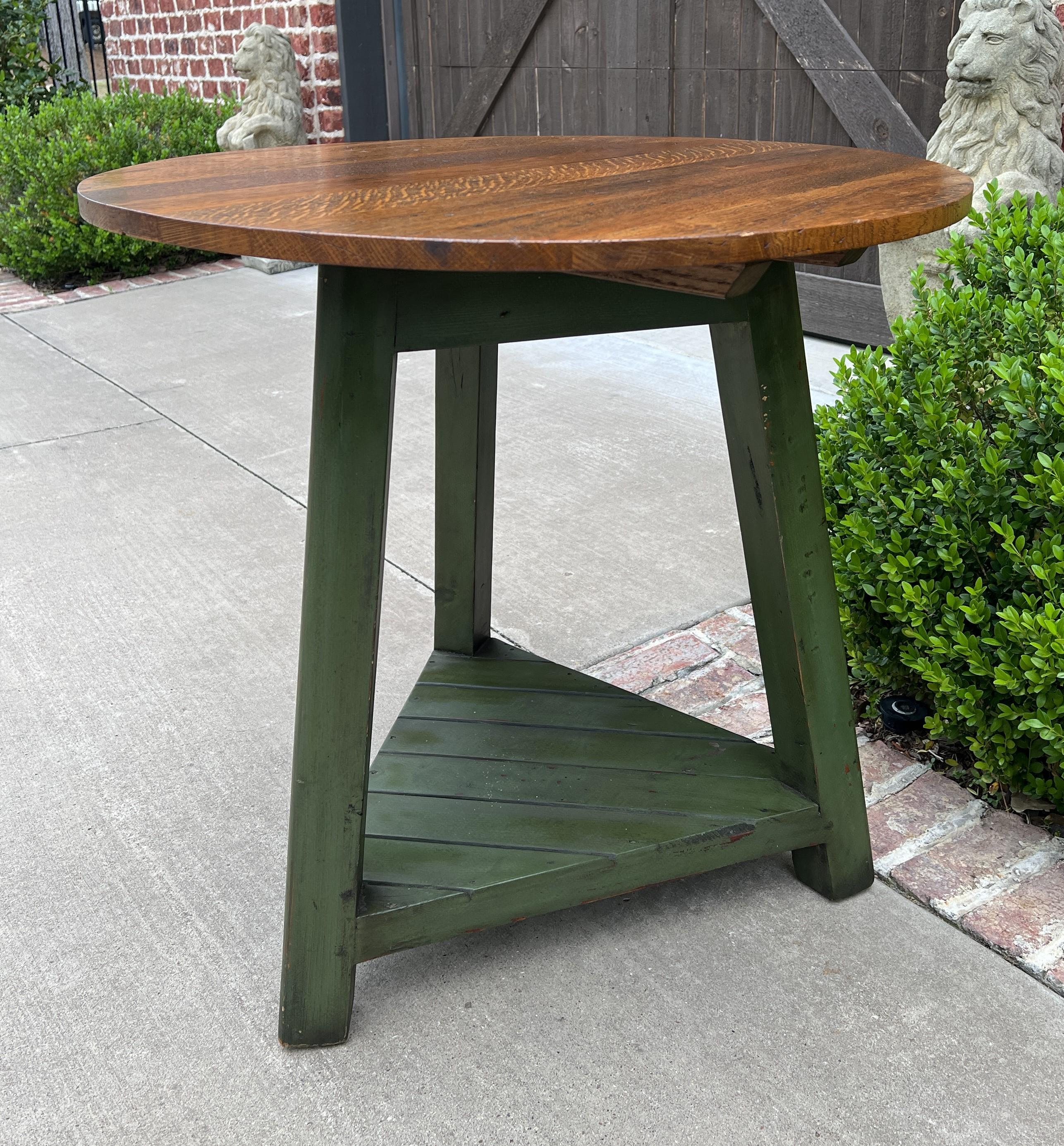 Vintage English Round Cricket Table End Table Side Table Oak 3-Legged Green Base For Sale 1