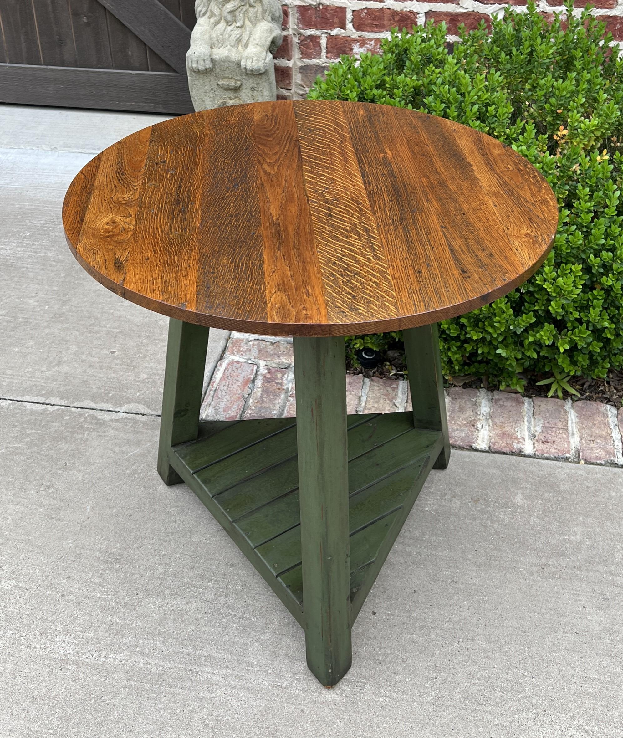 Vintage English Round Cricket Table End Table Side Table Oak 3-Legged Green Base For Sale 2