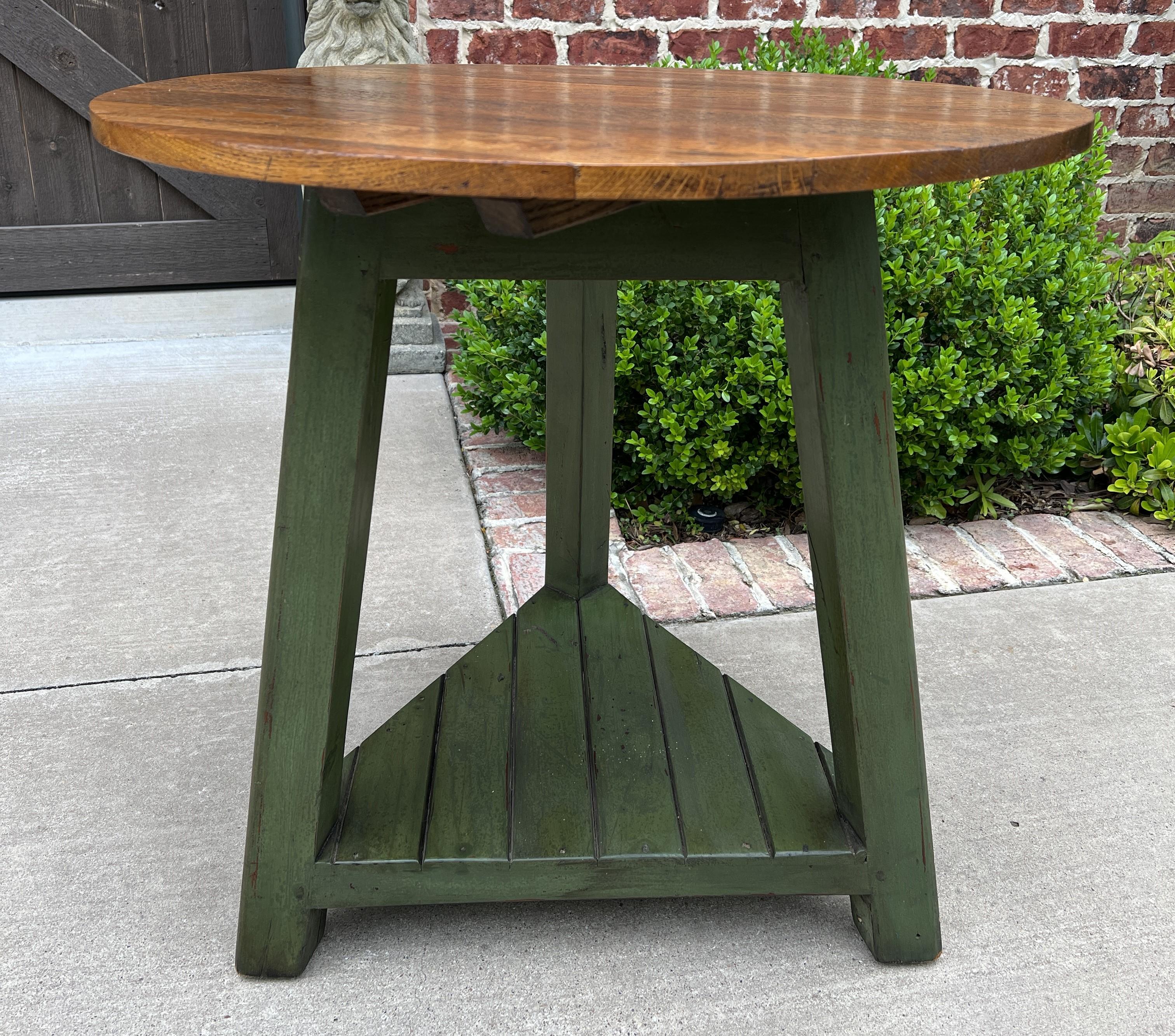 CHARMING and UNIQUE Vintage English ROUND oak top cricket table, end Table, Bedside Table with Three-Legged Green Painted Base and Legs~~Mid-20th century

 VERY versatile table~~a little history on 