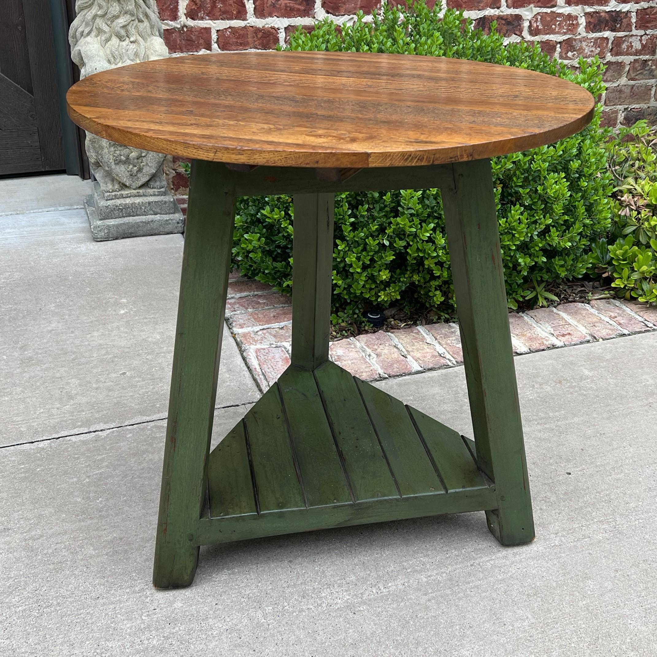 Arts and Crafts Vintage English Round Cricket Table End Table Side Table Oak 3-Legged Green Base For Sale