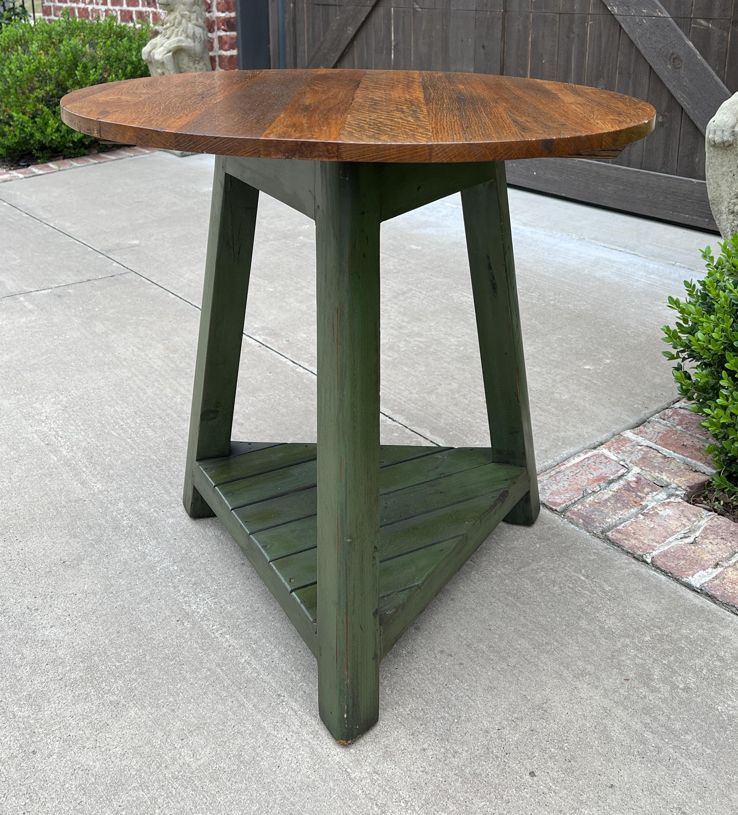 British Vintage English Round Cricket Table End Table Side Table Oak 3-Legged Green Base For Sale