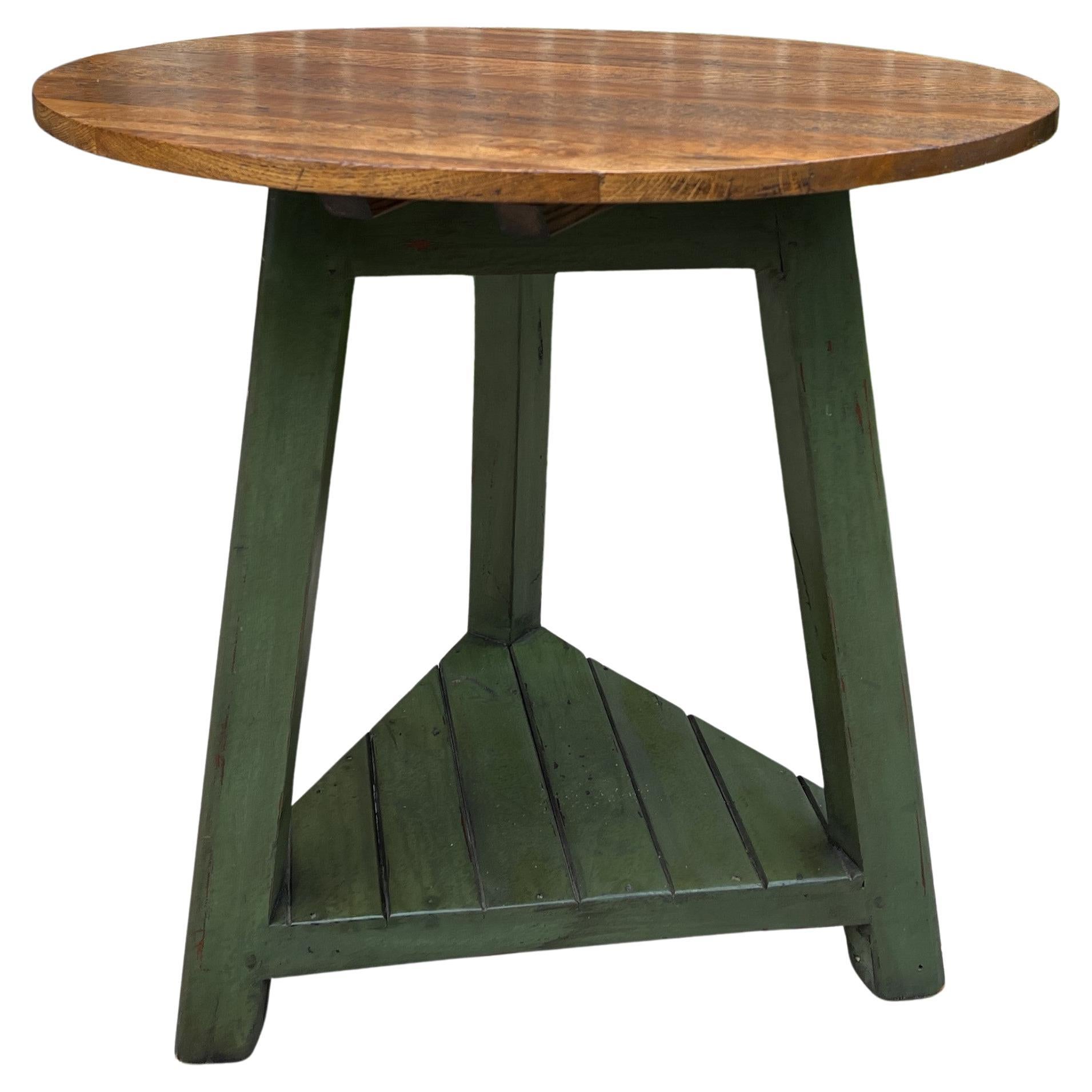 Vintage English Round Cricket Table End Table Side Table Oak 3-Legged Green Base For Sale