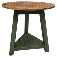 Vintage English Round Cricket Table End Table Side Table Oak 3-Legged Green Base