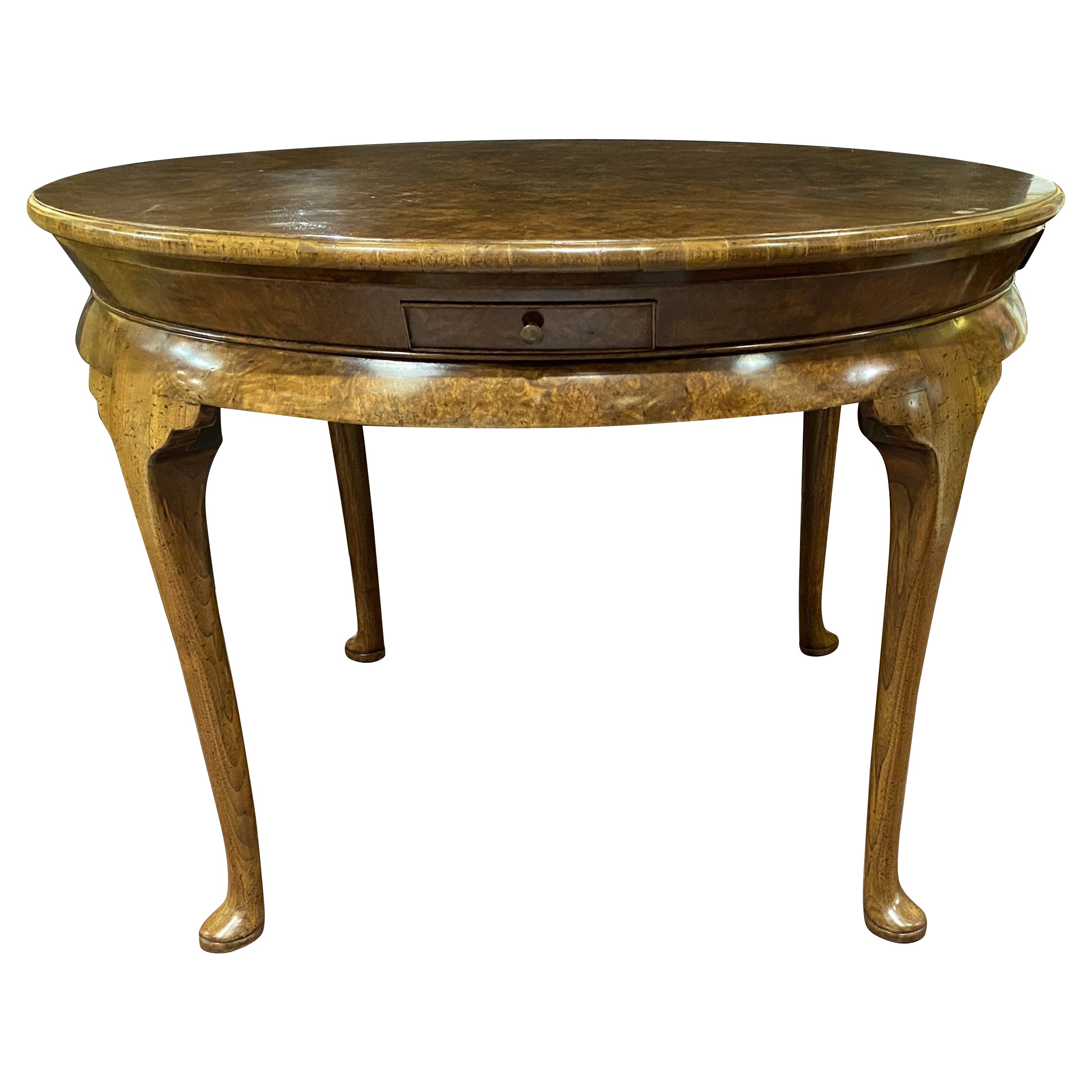 Vintage English Round Walnut Library or Center Table with Four Drawers