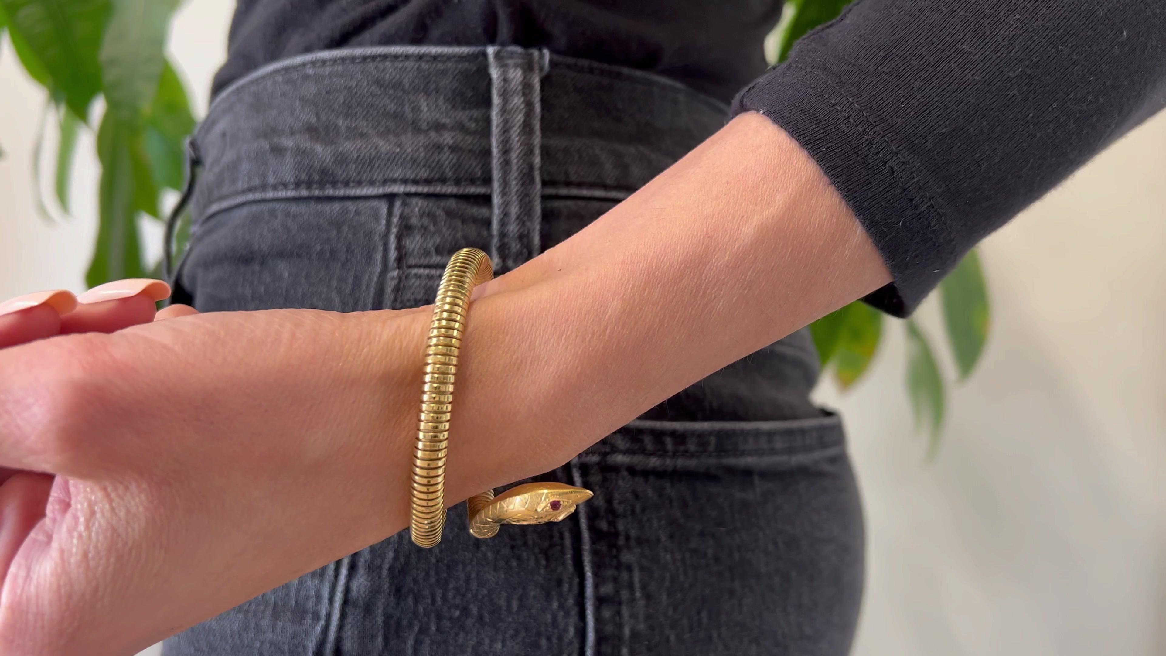 Taglio rotondo Bracciale tubogas a serpente in oro giallo 9k con rubino inglese d'epoca