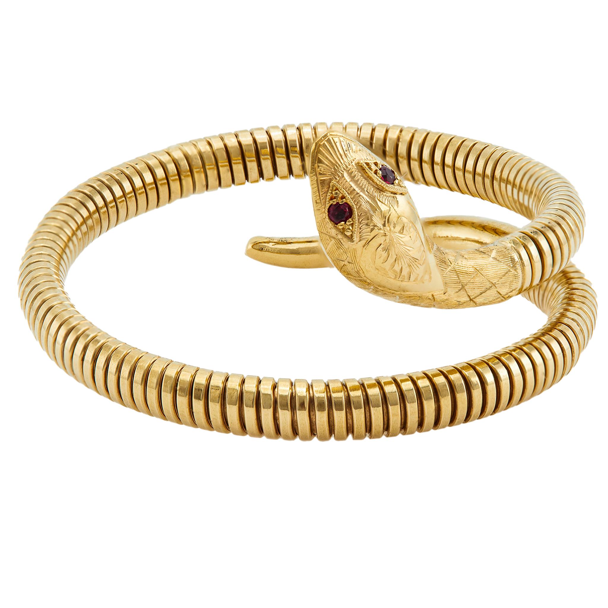 Bracciale tubogas a serpente in oro giallo 9k con rubino inglese d'epoca In condizioni buone a Beverly Hills, CA