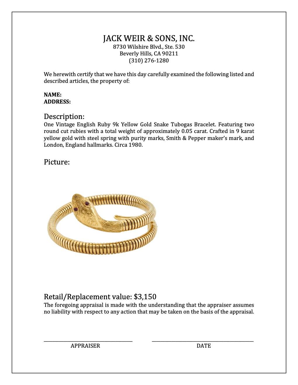 da uomo o donna Bracciale tubogas a serpente in oro giallo 9k con rubino inglese d'epoca