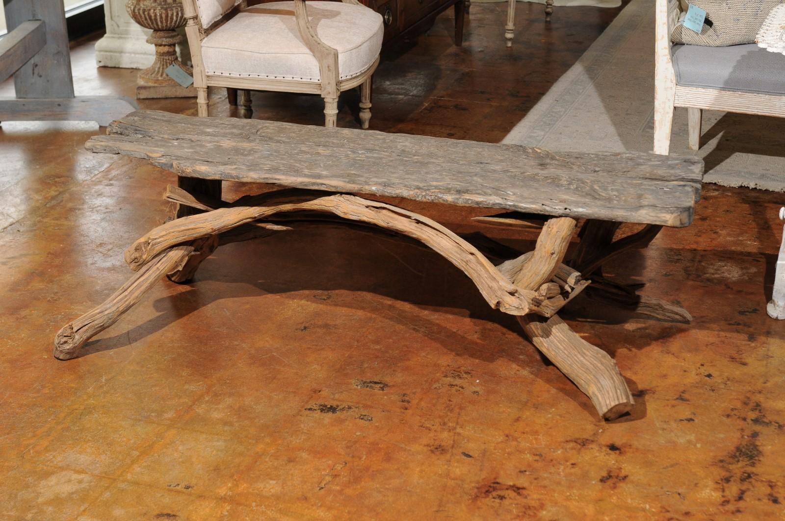 Vintage English Rustic Driftwood Bench with Tree Base and Weathered Patina 4