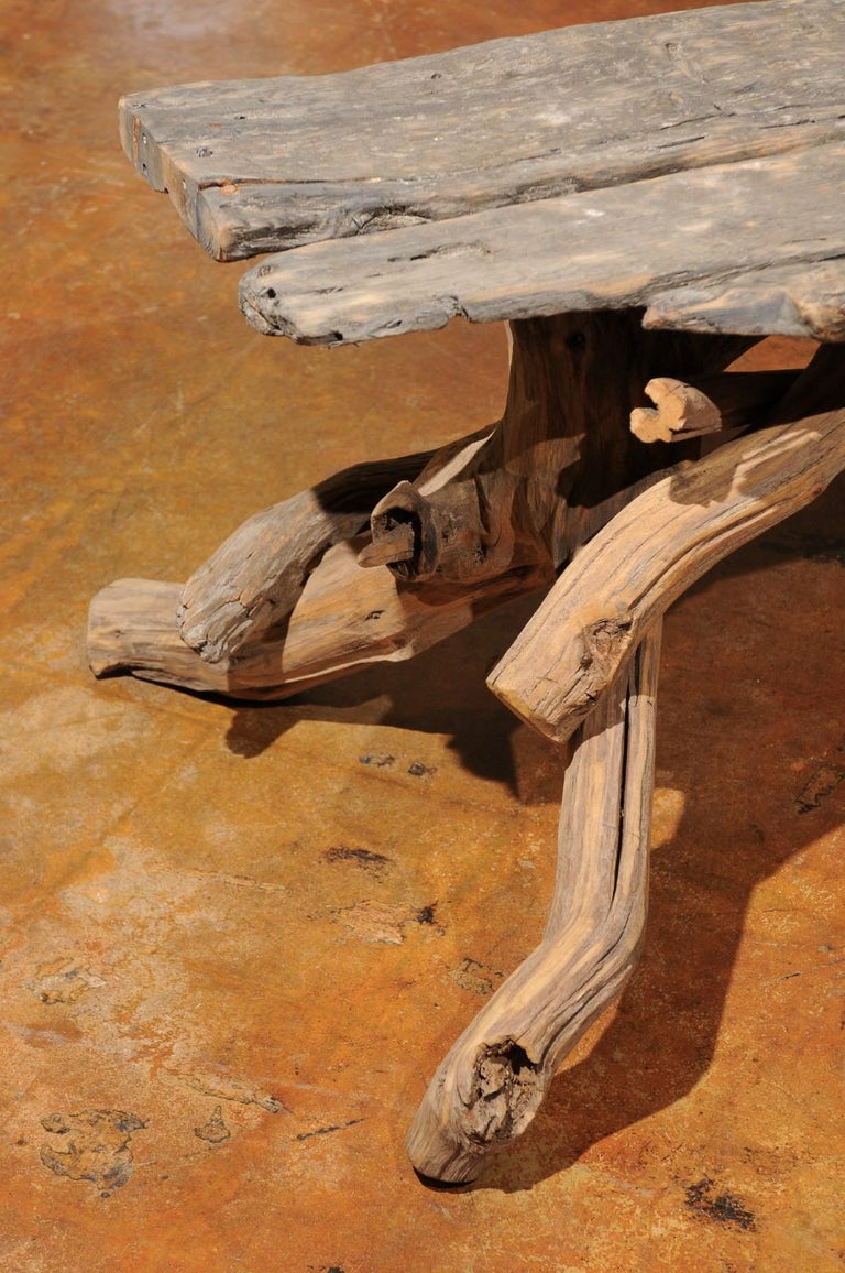 Vintage English Rustic Driftwood Bench with Tree Base and Weathered