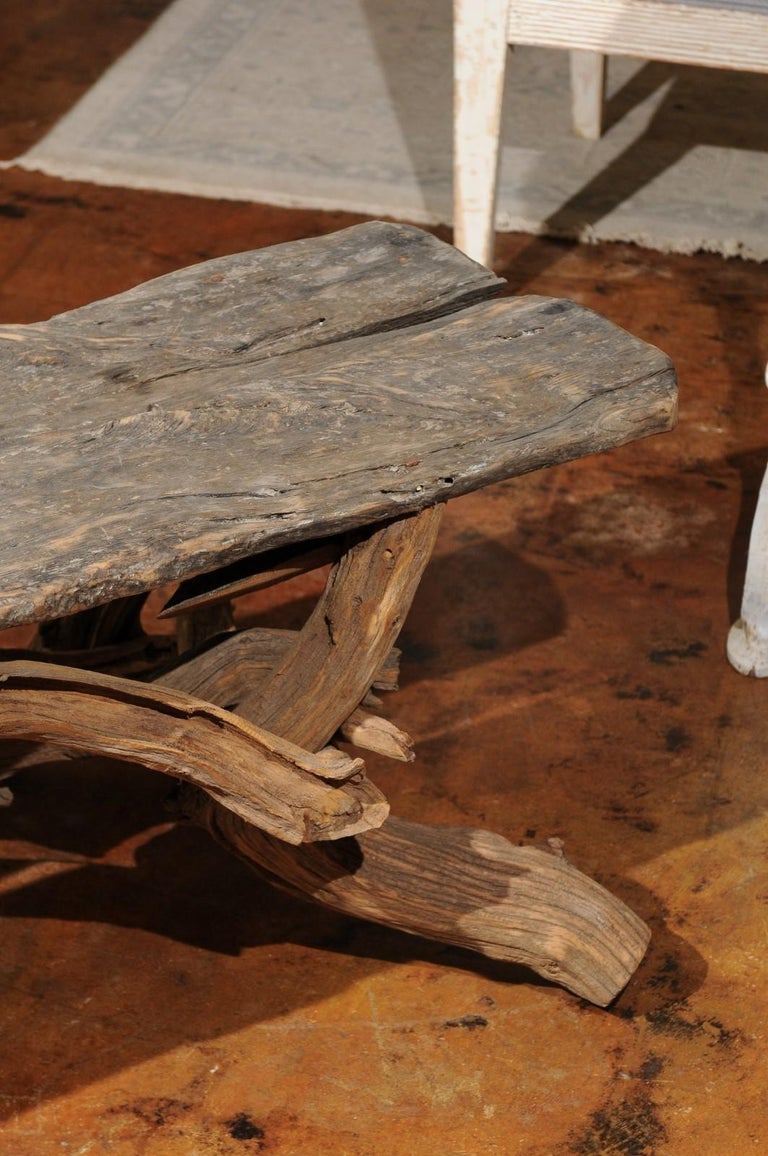 Vintage English Rustic Driftwood Bench with Tree Base and Weathered