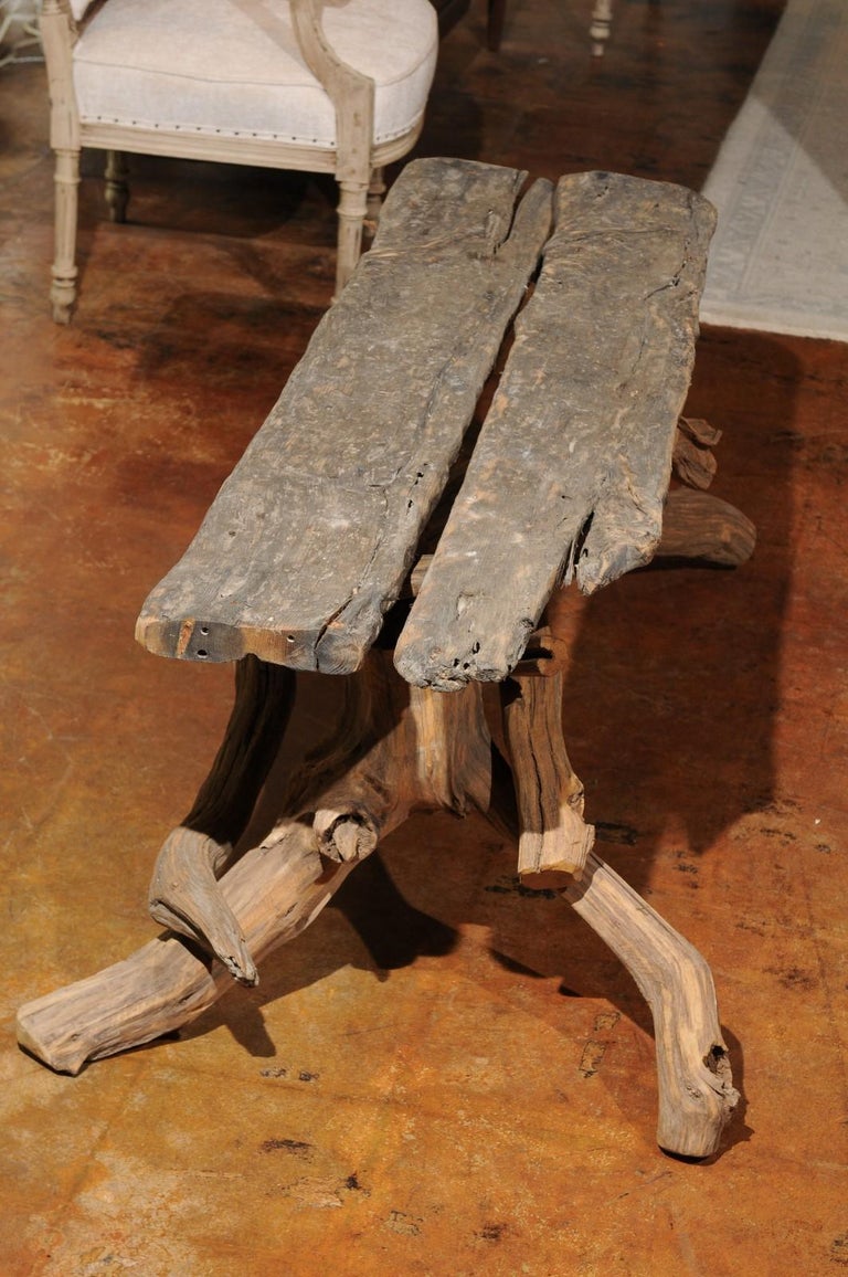 Vintage English Rustic Driftwood Bench with Tree Base and Weathered