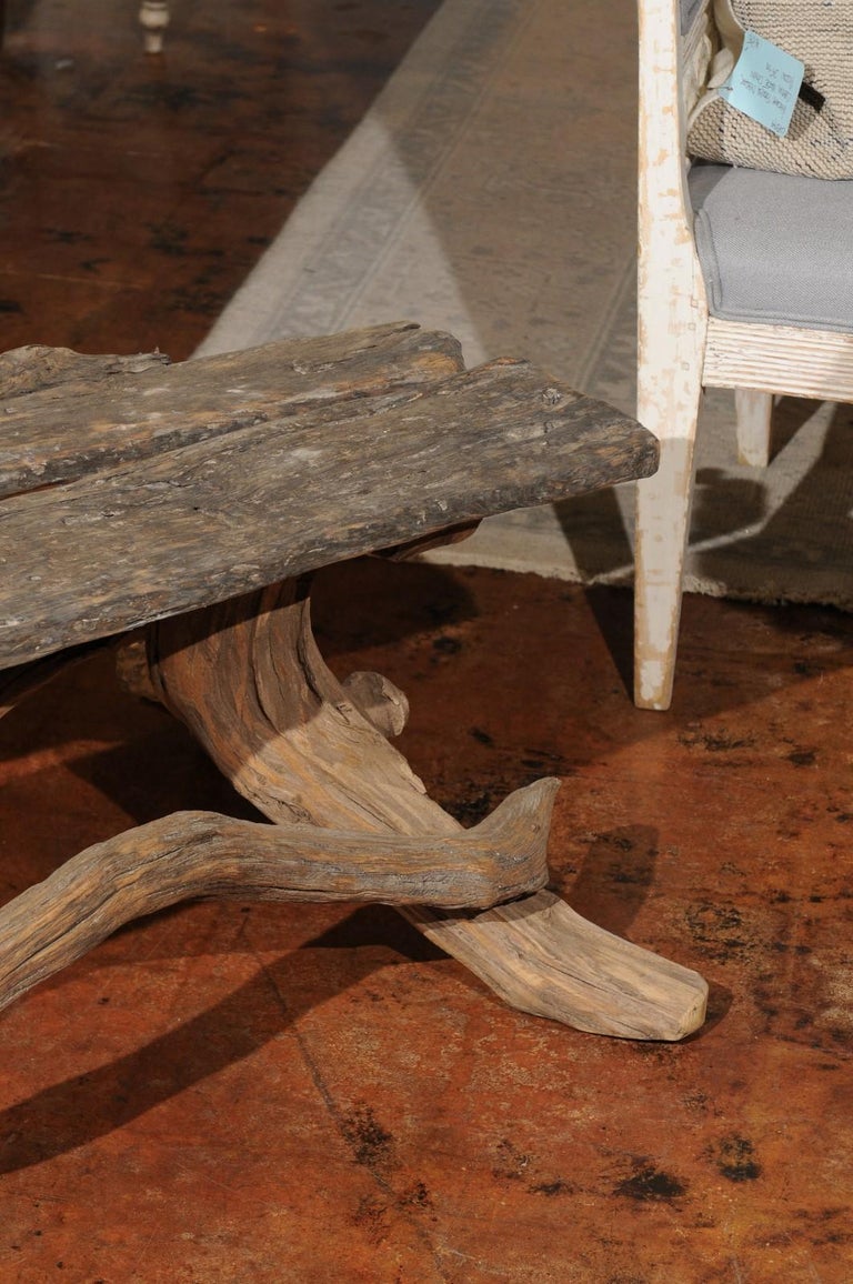 Vintage English Rustic Driftwood Bench with Tree Base and Weathered