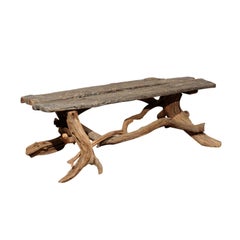 Vintage English Rustic Driftwood Bench with Tree Base and Weathered Patina