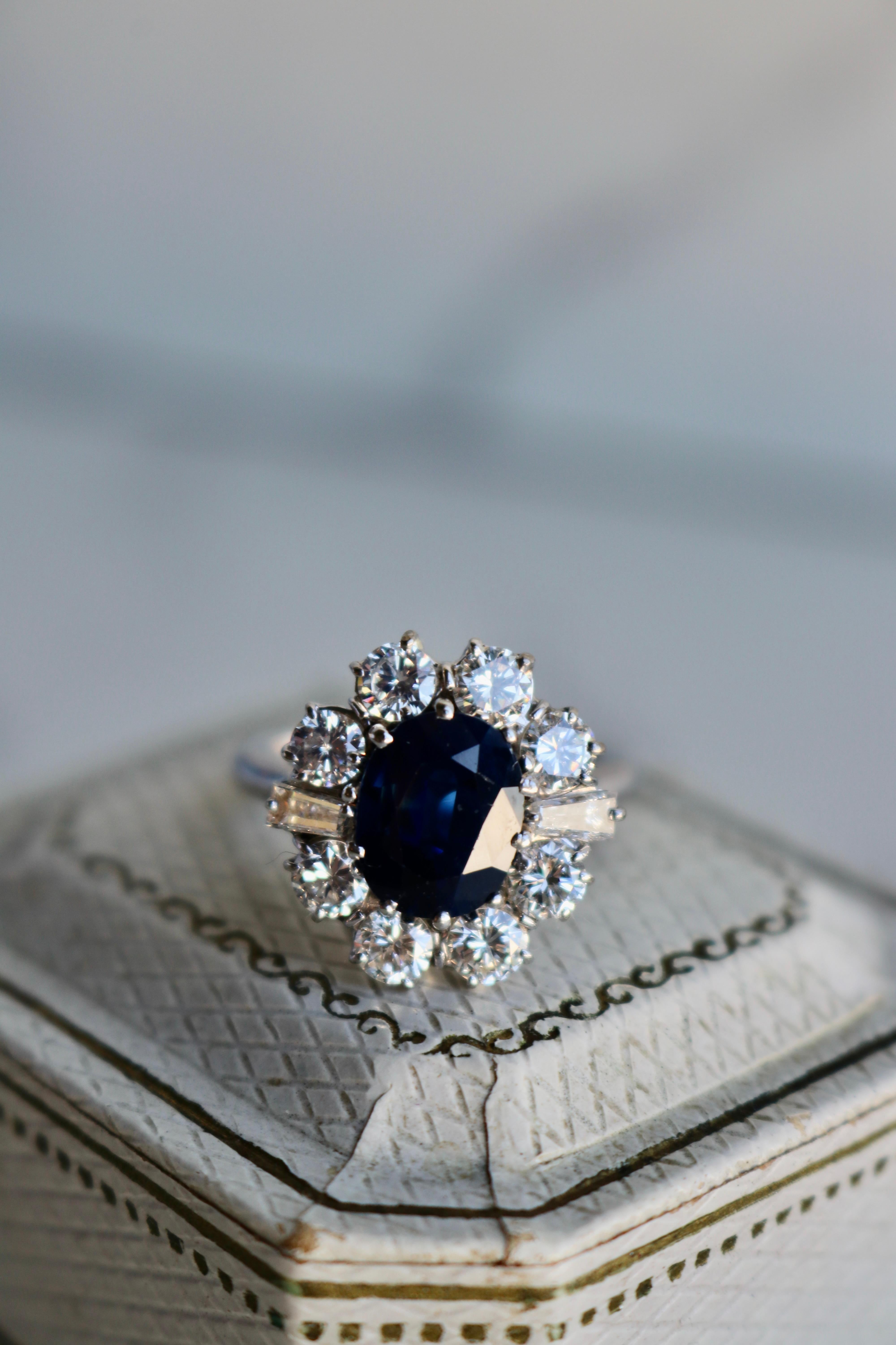 Women's or Men's Vintage English Sapphire Diamond 18k White Gold Cluster Ring For Sale
