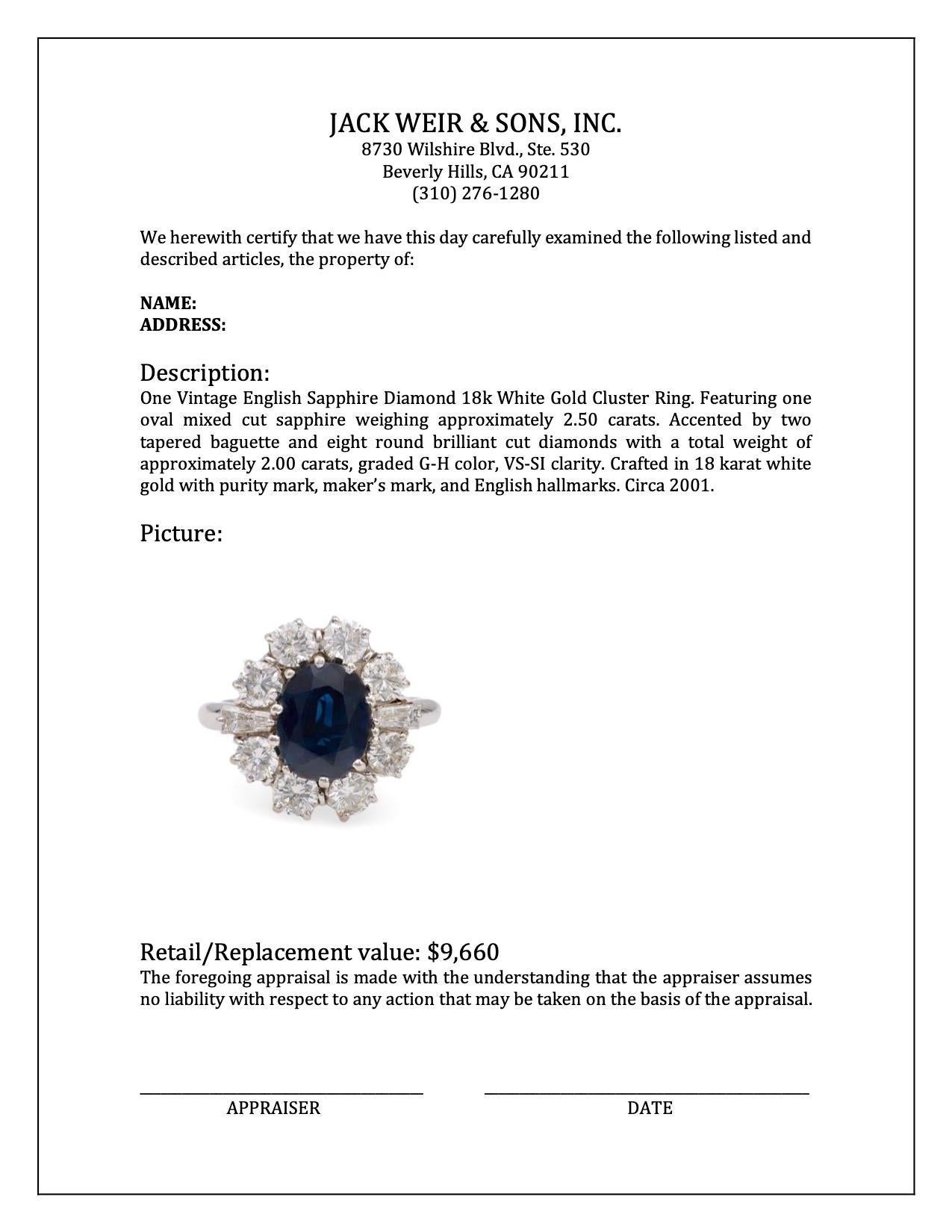 Vintage English Sapphire Diamond 18k White Gold Cluster Ring For Sale 1