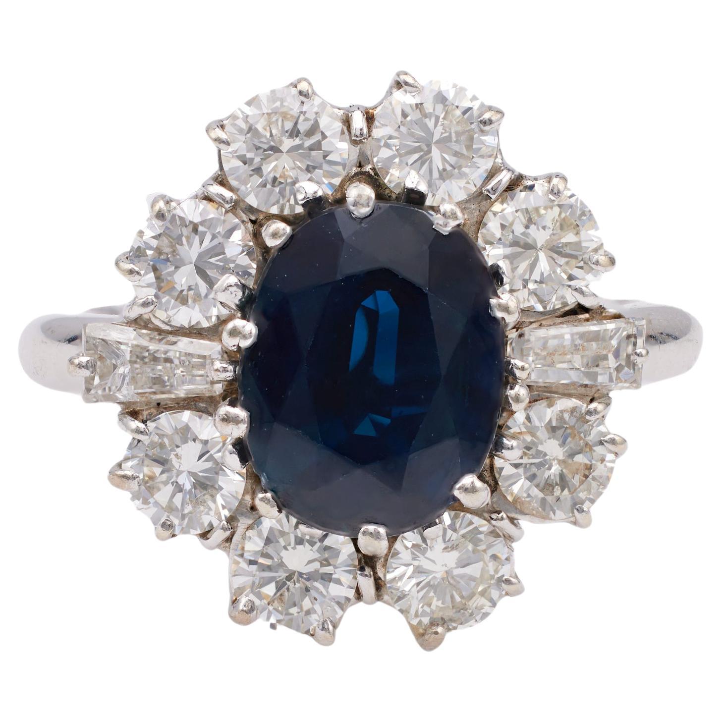 Vintage English Sapphire Diamond 18k White Gold Cluster Ring For Sale