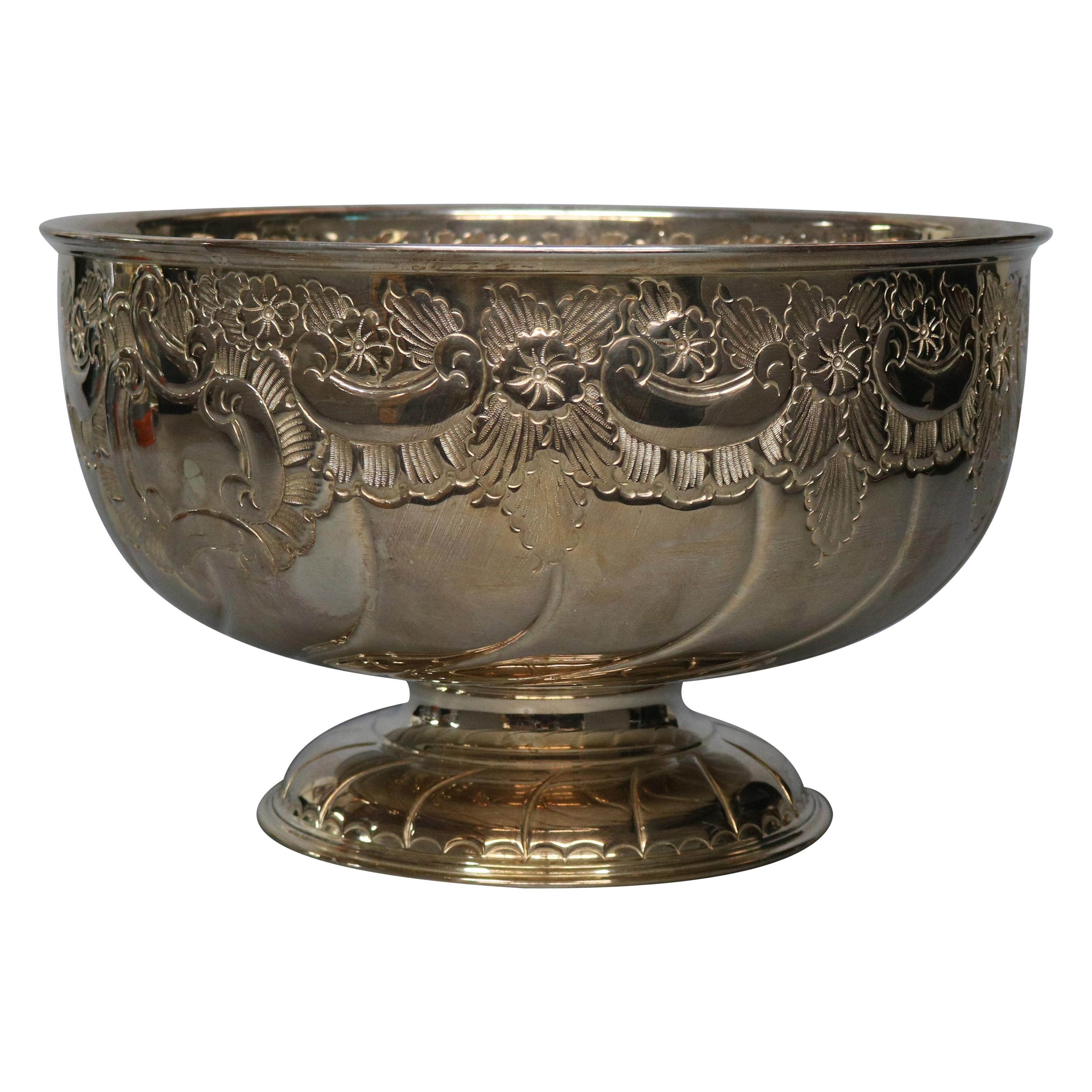 Vintage English Sheffield Silver Plate Repousse Punch Bowl, circa 1930