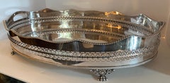 Vintage English Sheffield Silver Plated Copper Footed Bar Serving Gallery Tray