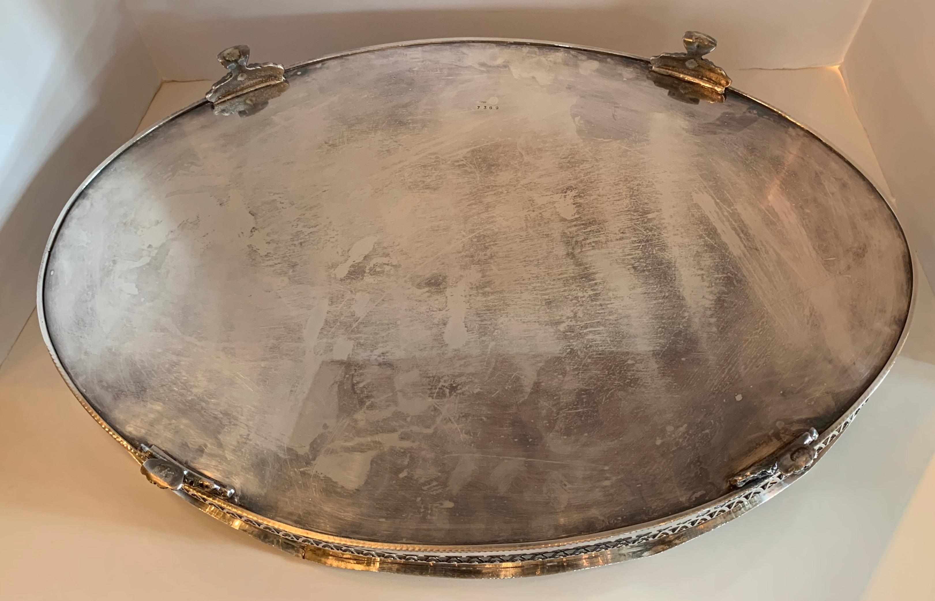 Regency Vintage English Sheffield Silver Plated Copper Footed Bar Serving Gallery Tray