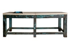 Vintage English Shop Table in Original Paint Patina with Limestone Top