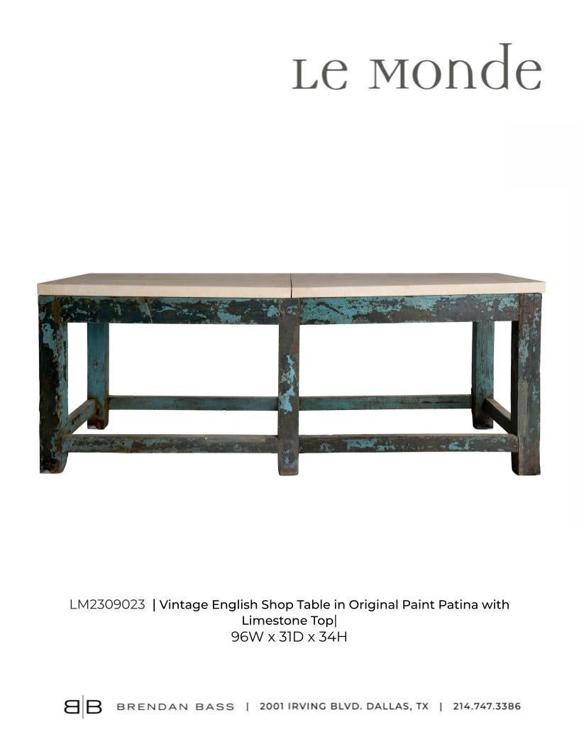 Vintage English Shop Table in Original Paint Patina with Limestone Top For Sale 1