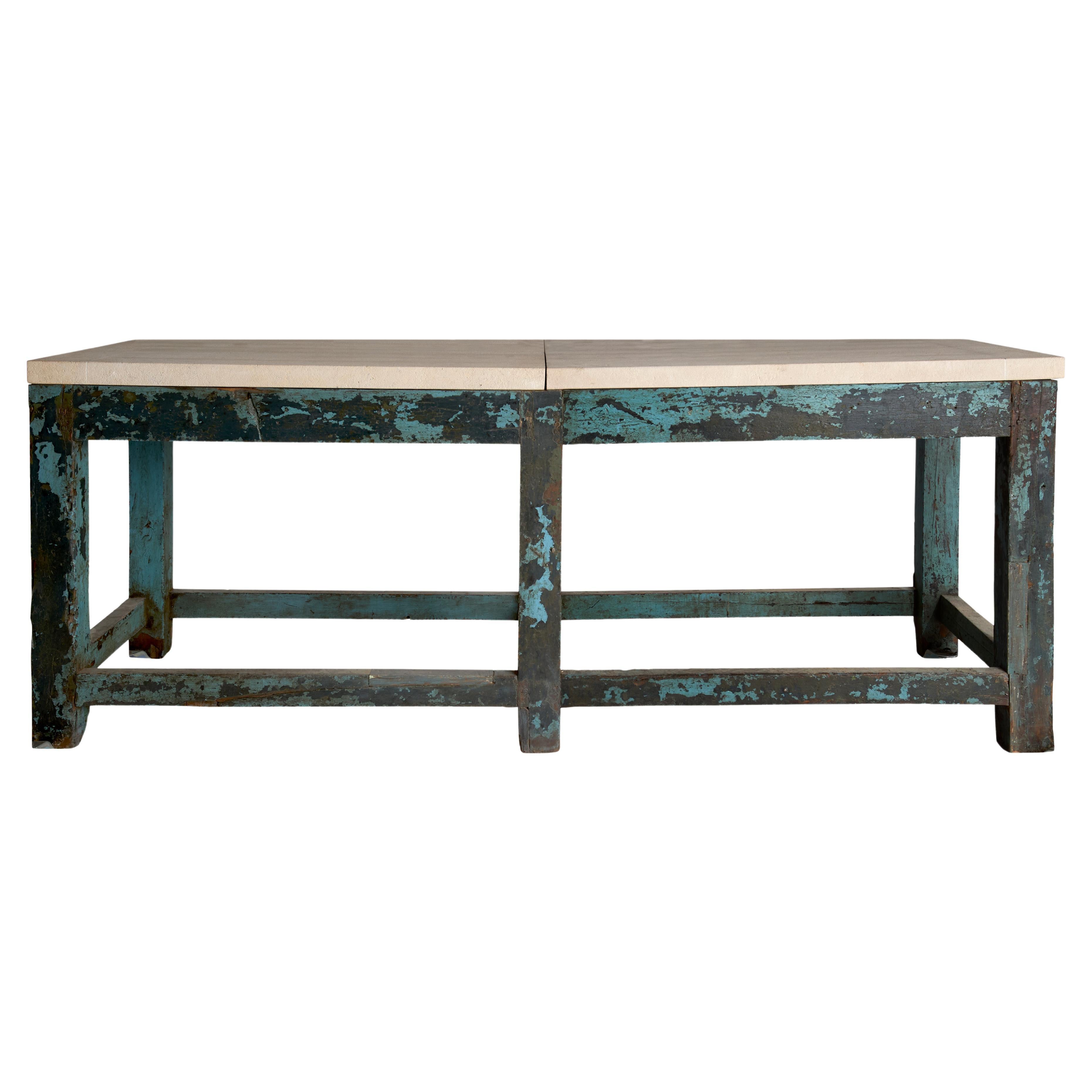 Vintage English Shop Table in Original Paint Patina with Limestone Top For Sale