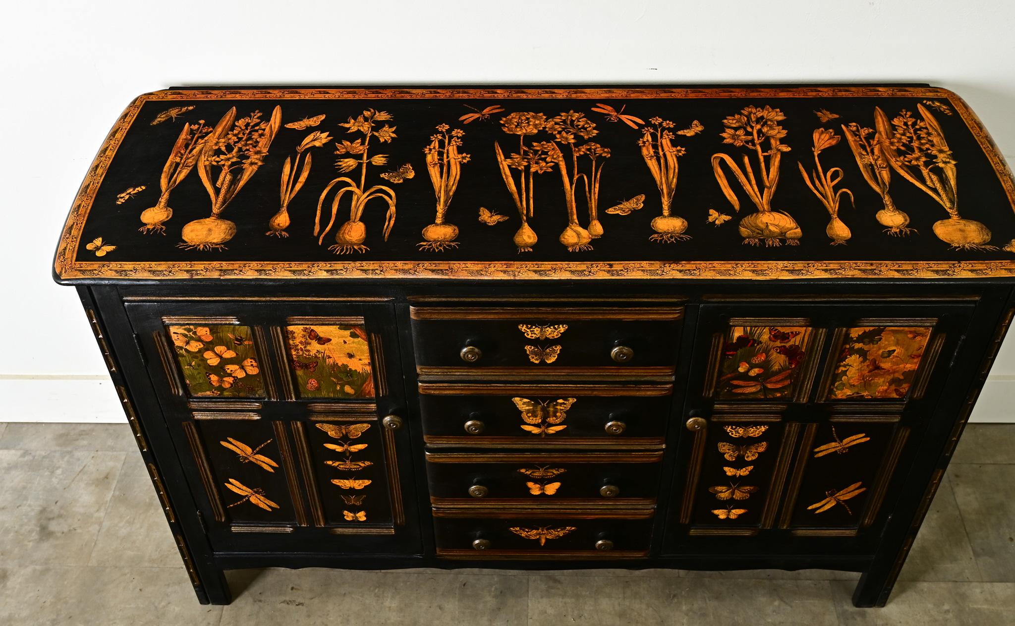 Wood Vintage English Sideboard with Recent Paint & Decoupage