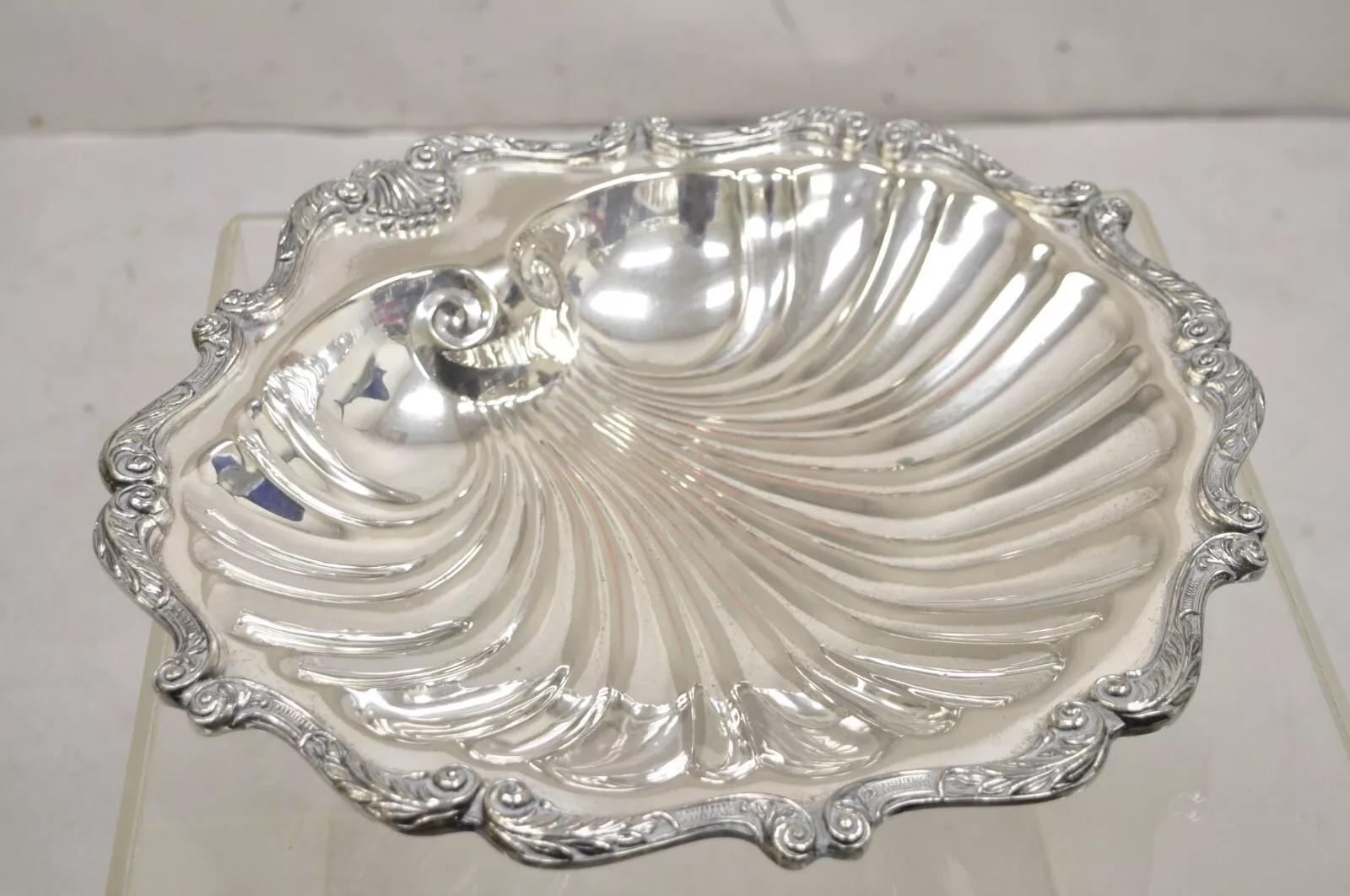 Vintage English Silver Mfg 838 Silver Plated Clam Shell Bowl Dish. Circa Mid 20th Century. Measurements: 2.5