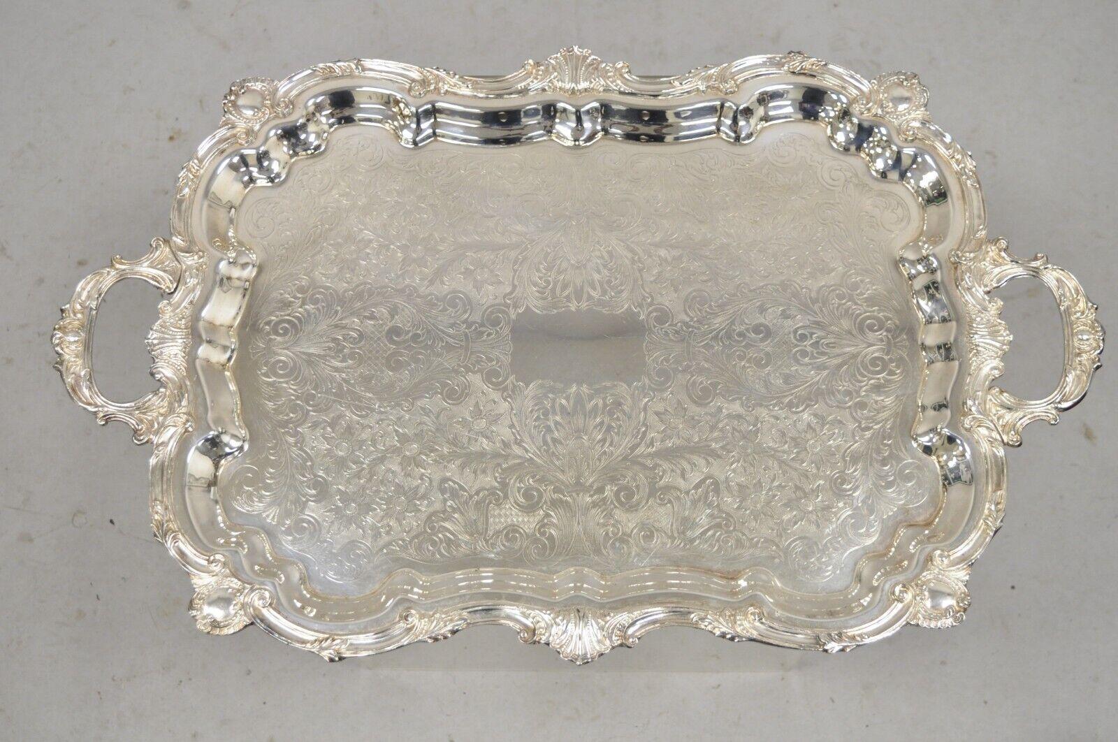 Vintage English Silver Mfg Corp Large Silver Plated Etched Platter Tray For Sale 5