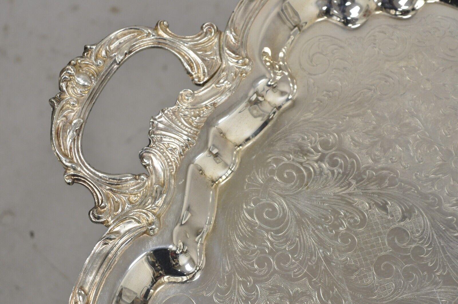 Victorian Vintage English Silver Mfg Corp Large Silver Plated Etched Platter Tray For Sale