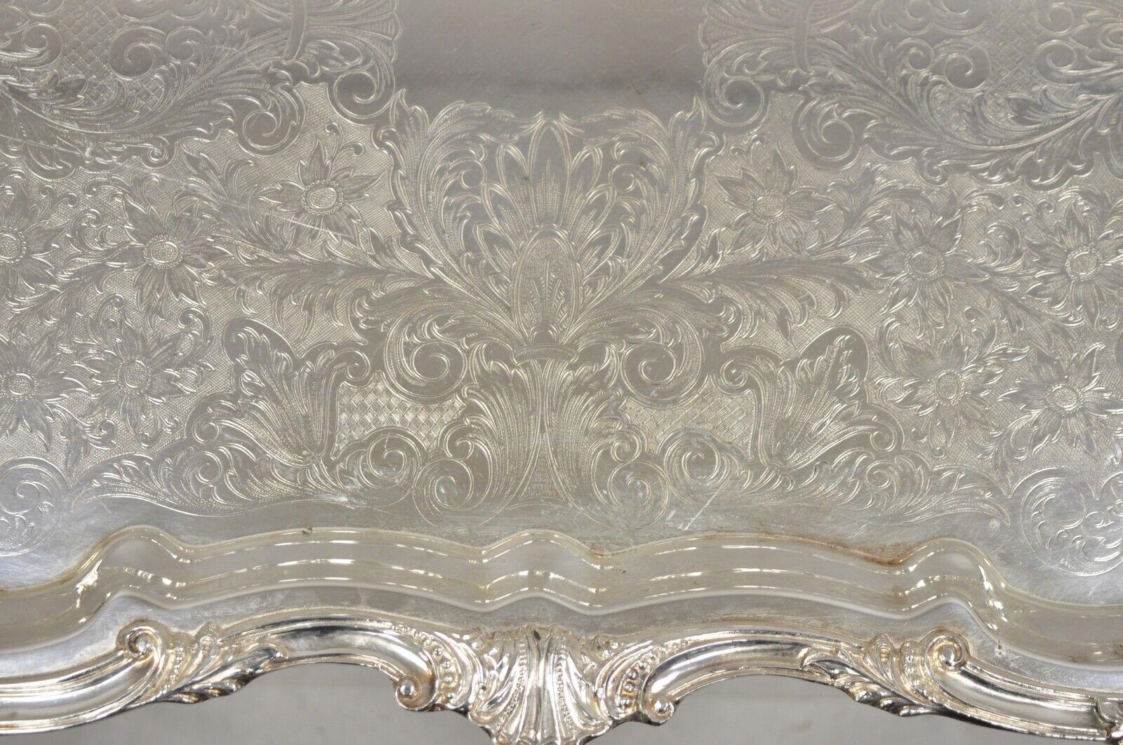 20th Century Vintage English Silver Mfg Corp Large Silver Plated Etched Platter Tray For Sale