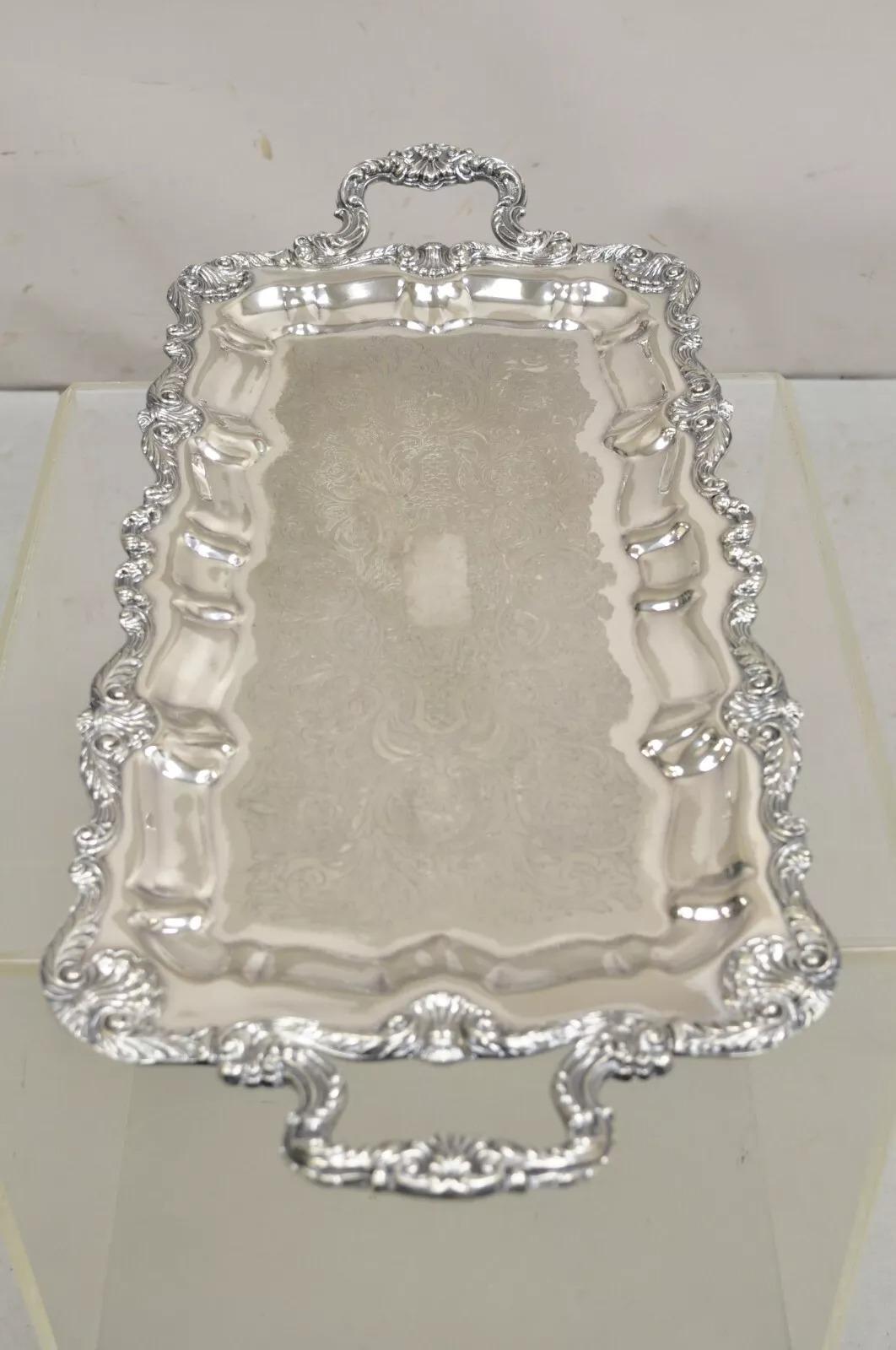 Vintage English Silver Mfg. Narrow Silver Plated Serving Platter Vanity Tray. Circa Mid 20th Century. Measurements: 2.5