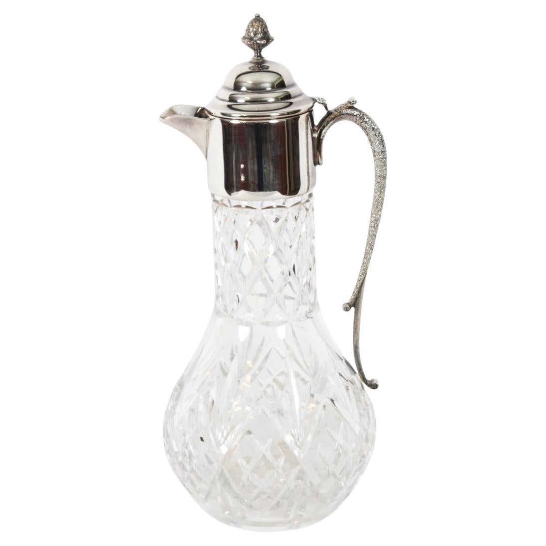 Vintage English Silver Plate Cut Glass and Silver Plated Claret Jug 20th Century For Sale
