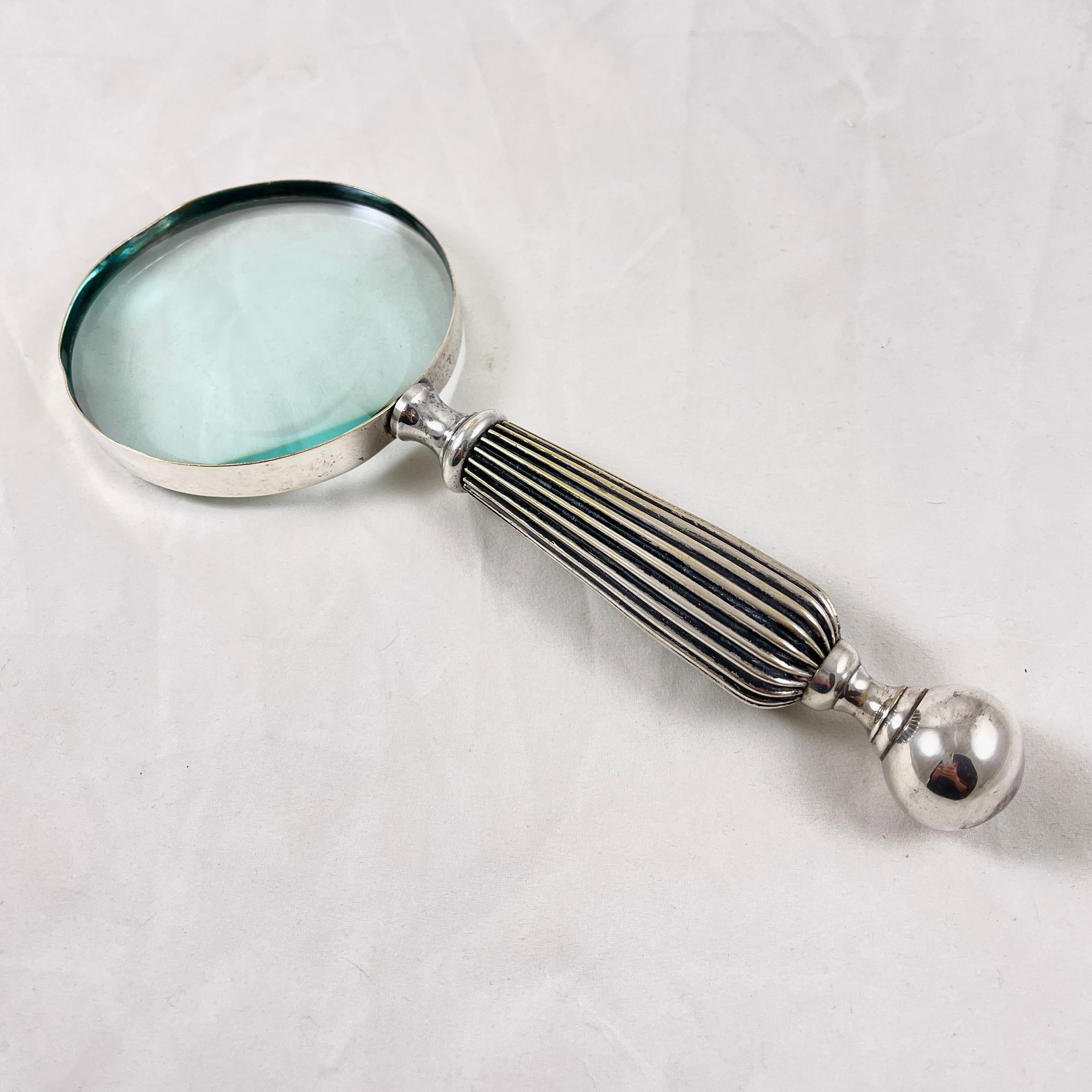 Metal Vintage Silver Plate Hand Held Magnifying Glass For Sale