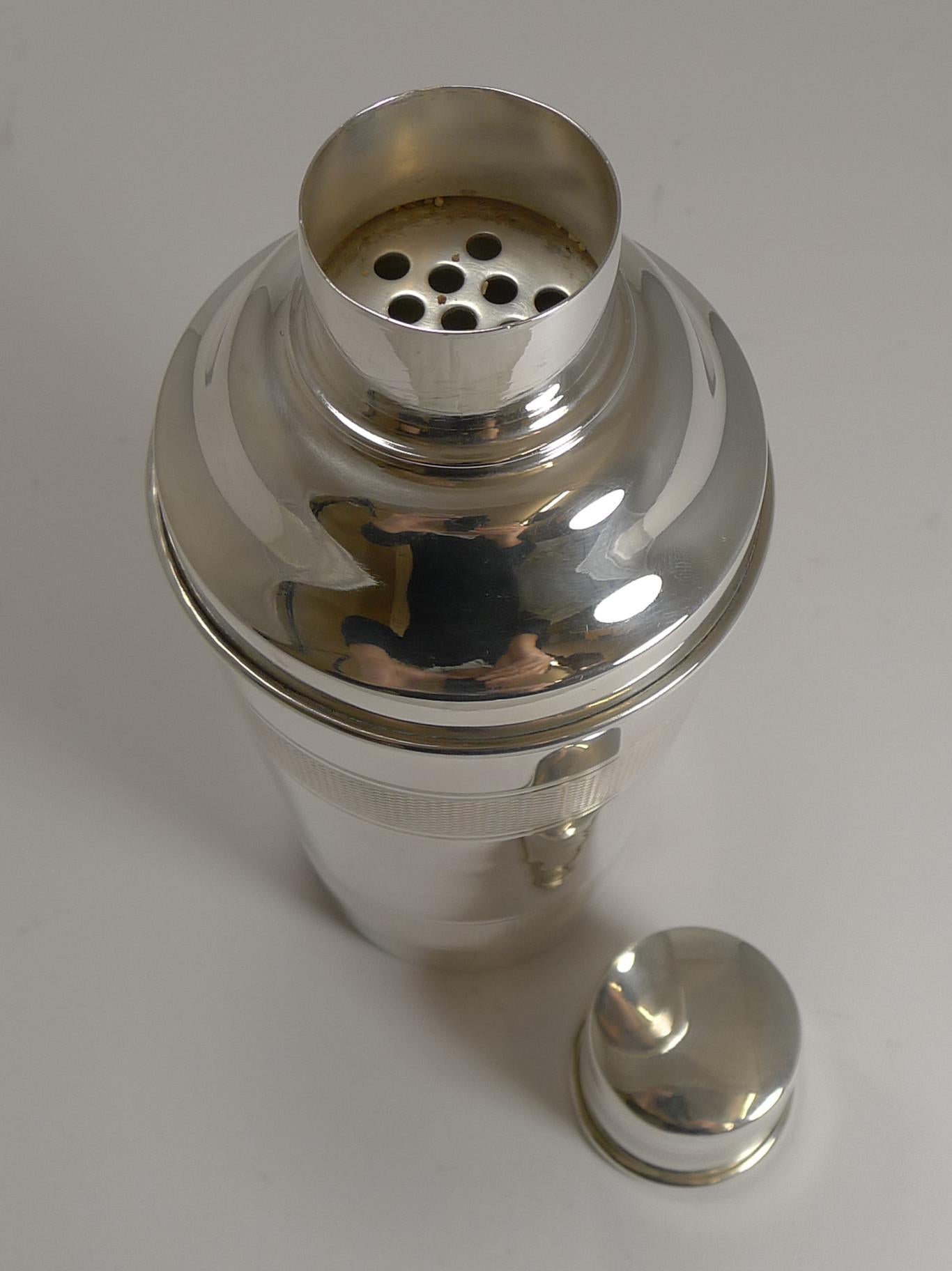 Art Deco Vintage English Silver Plated Cocktail Shaker, Engine Turned Decoration