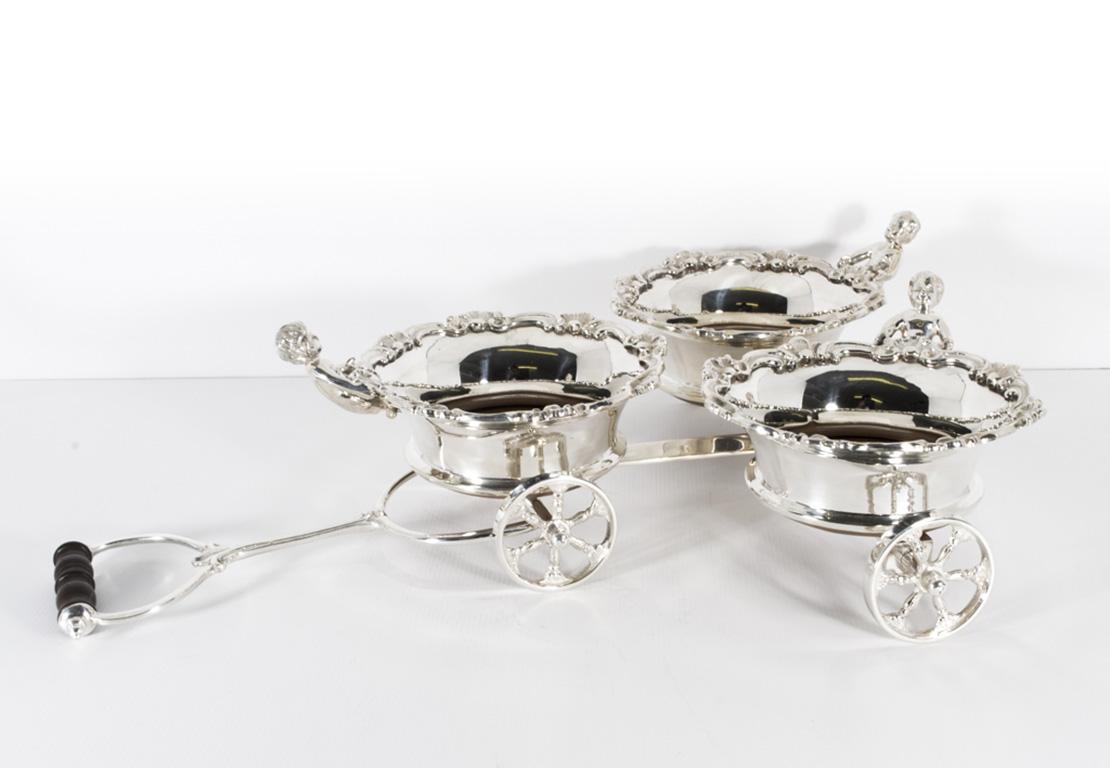 Vintage English Silver Plated Triple Drinks Cart Coaster, 20th Century In Good Condition In London, GB
