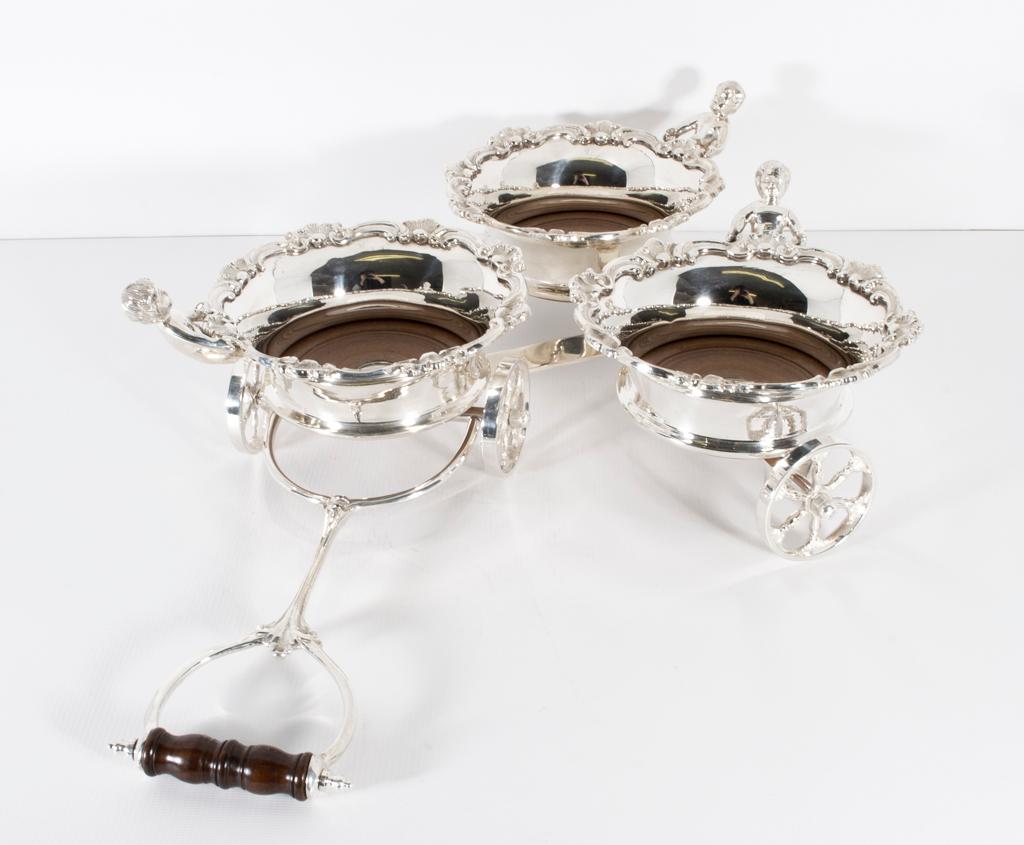 Vintage English Silver Plated Triple Drinks Cart Coaster, 20th Century 3