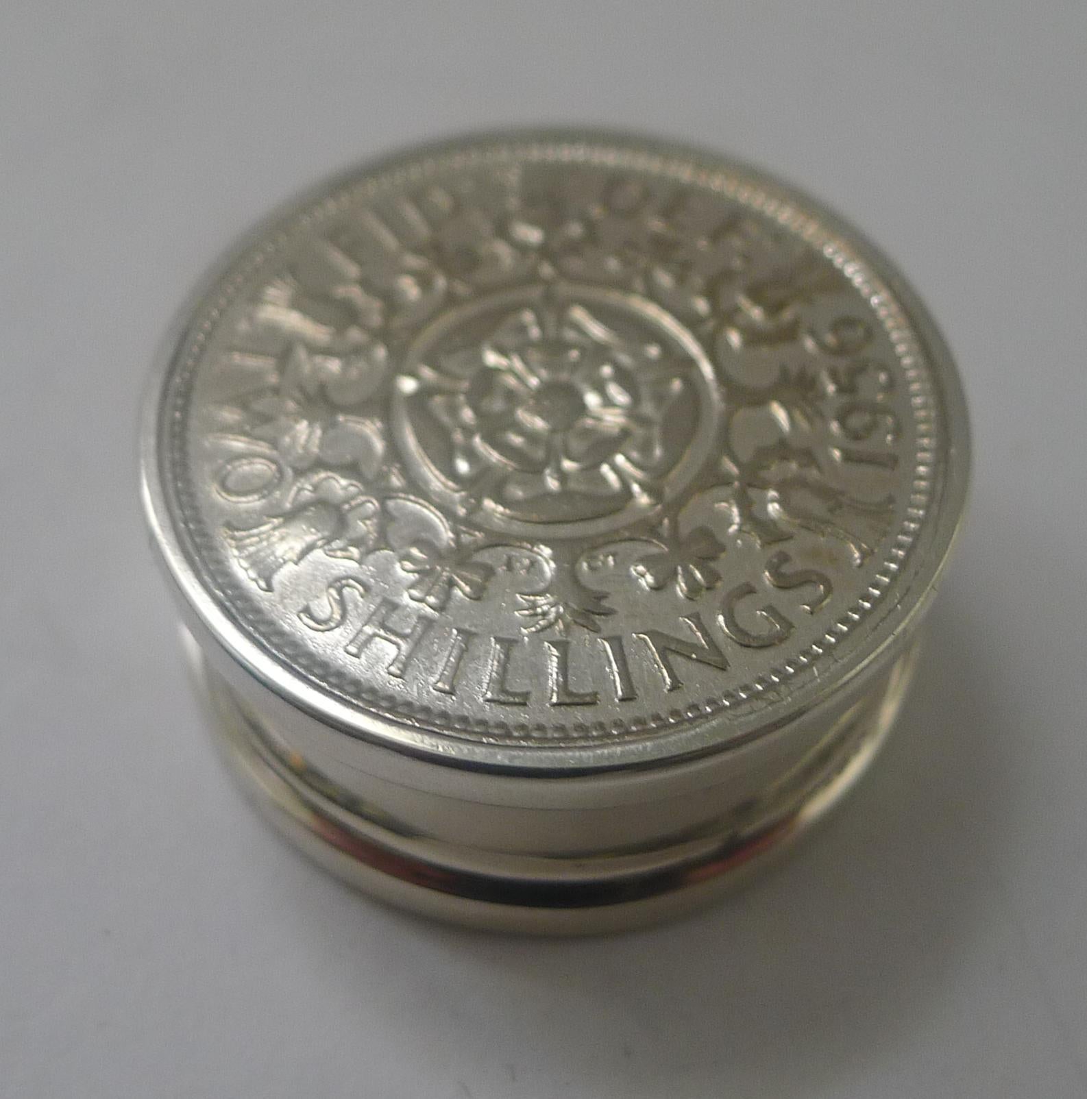 Modern Vintage English Silver Two Shilling Coin Pill Box by Asprey, London For Sale
