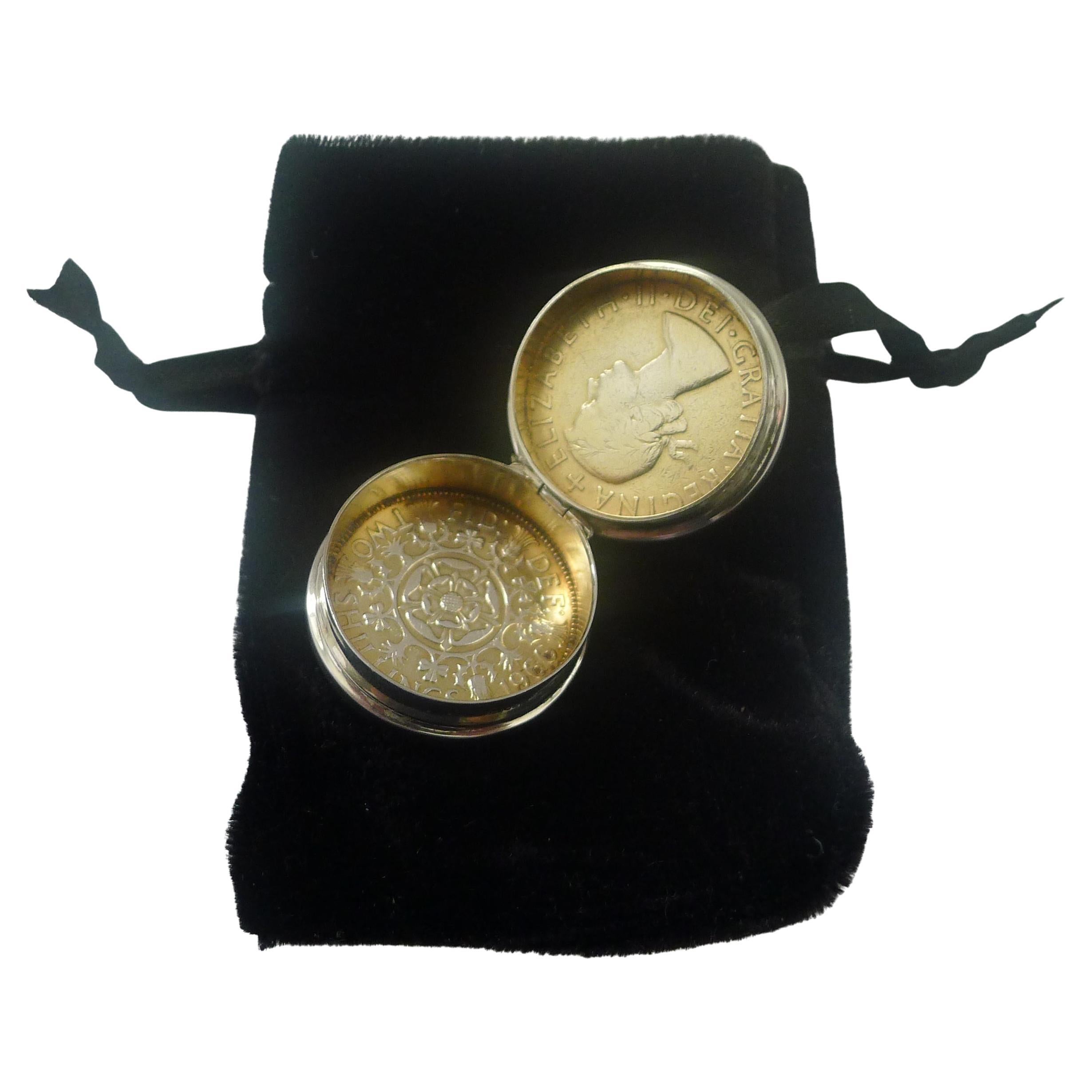 Vintage English Silver Two Shilling Coin Pill Box by Asprey, London For Sale
