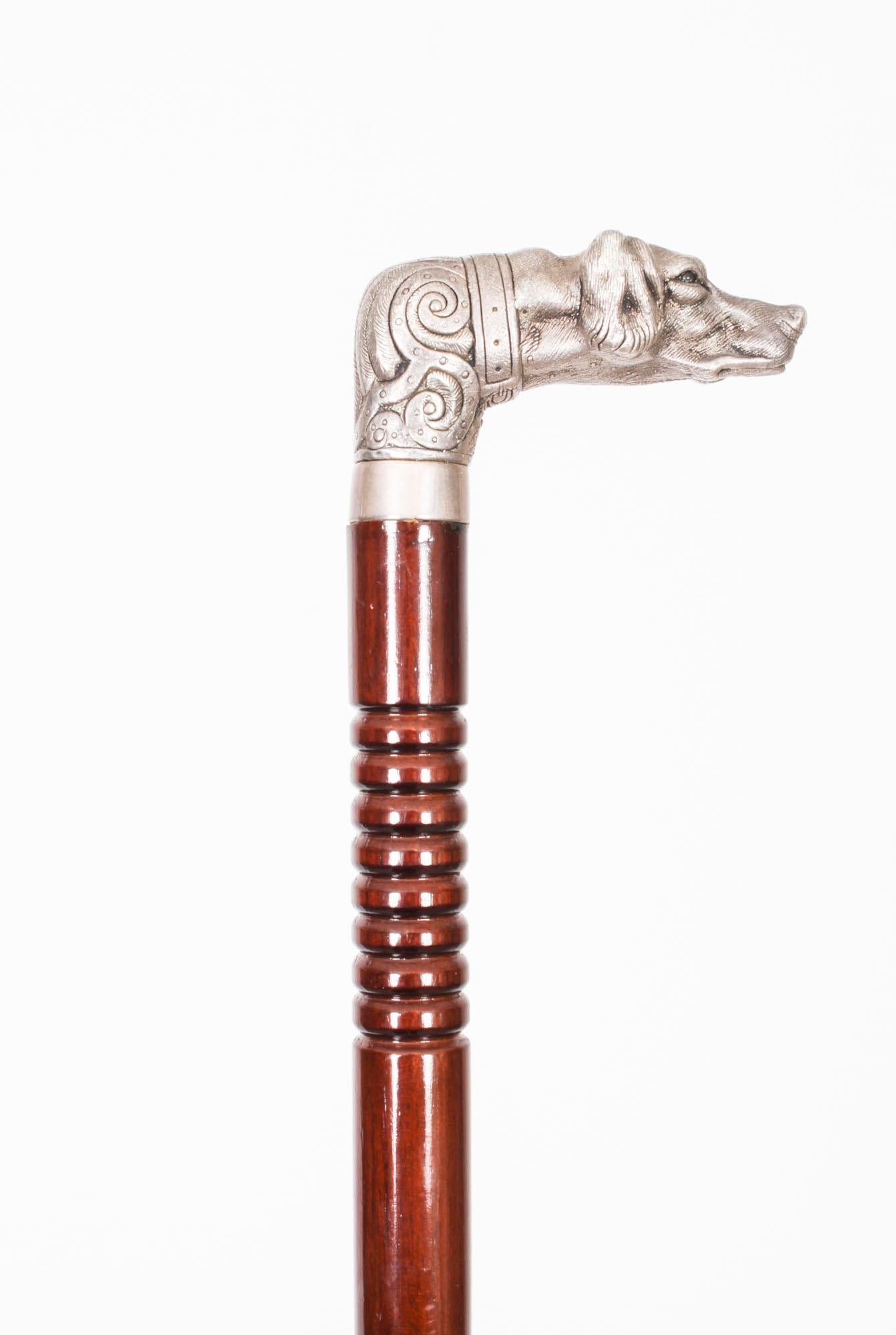This is a beautiful vintage sterling silver pommel walking stick bearing hallmarks for London,  dated 2007, by the renowned silversmith William Comyns & Sons.

The striking stick features an ornate novelty silver pommel with a silver collar in the