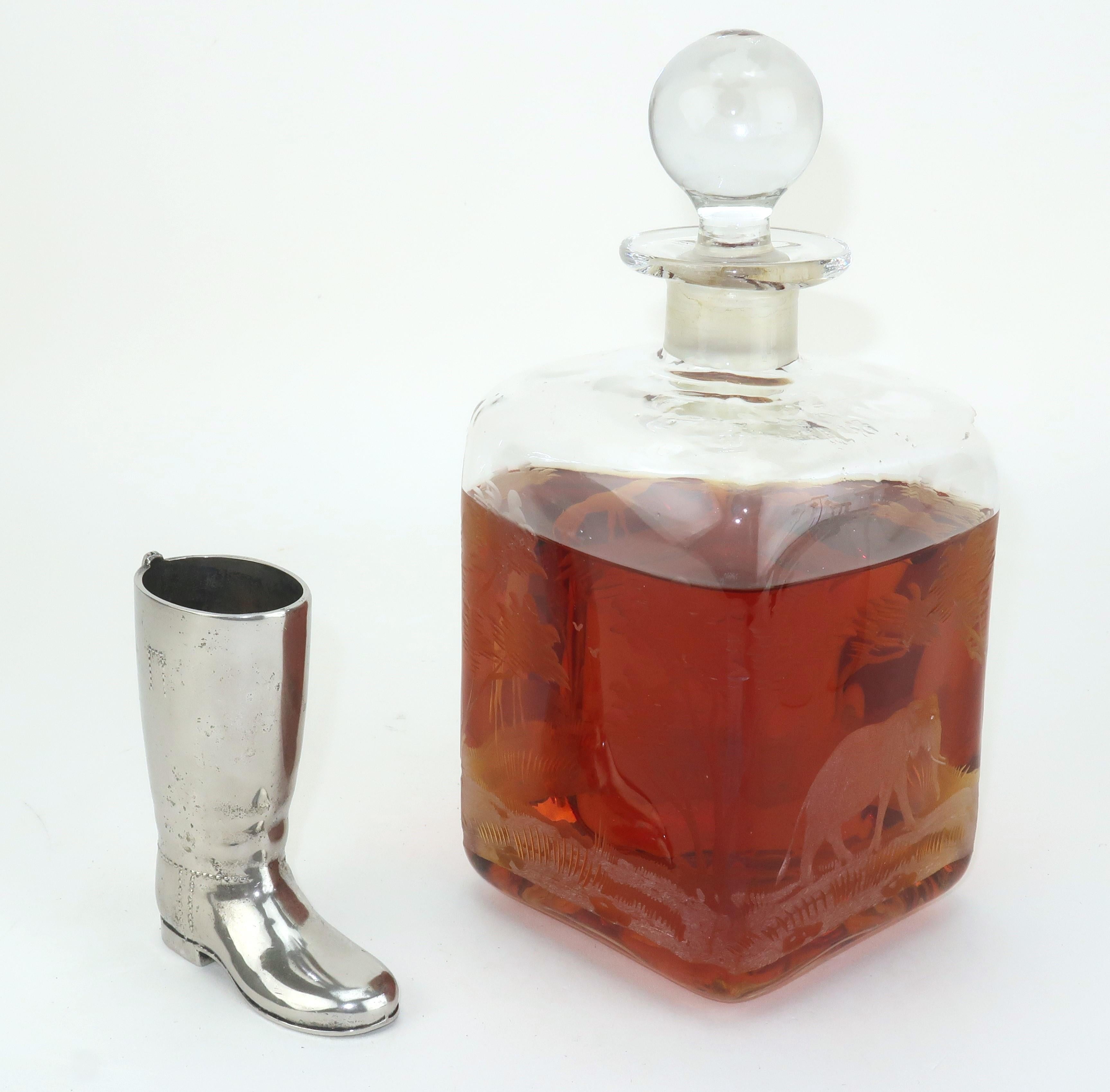 C.1950 English silverplate riding boot with a refreshing little secret ... it is actually a 1 oz. shot glass ready for a little fox hunting mischief.  The detailed boot includes visible 'stitching' and even rippled in the 'leather'.  Perfect for an