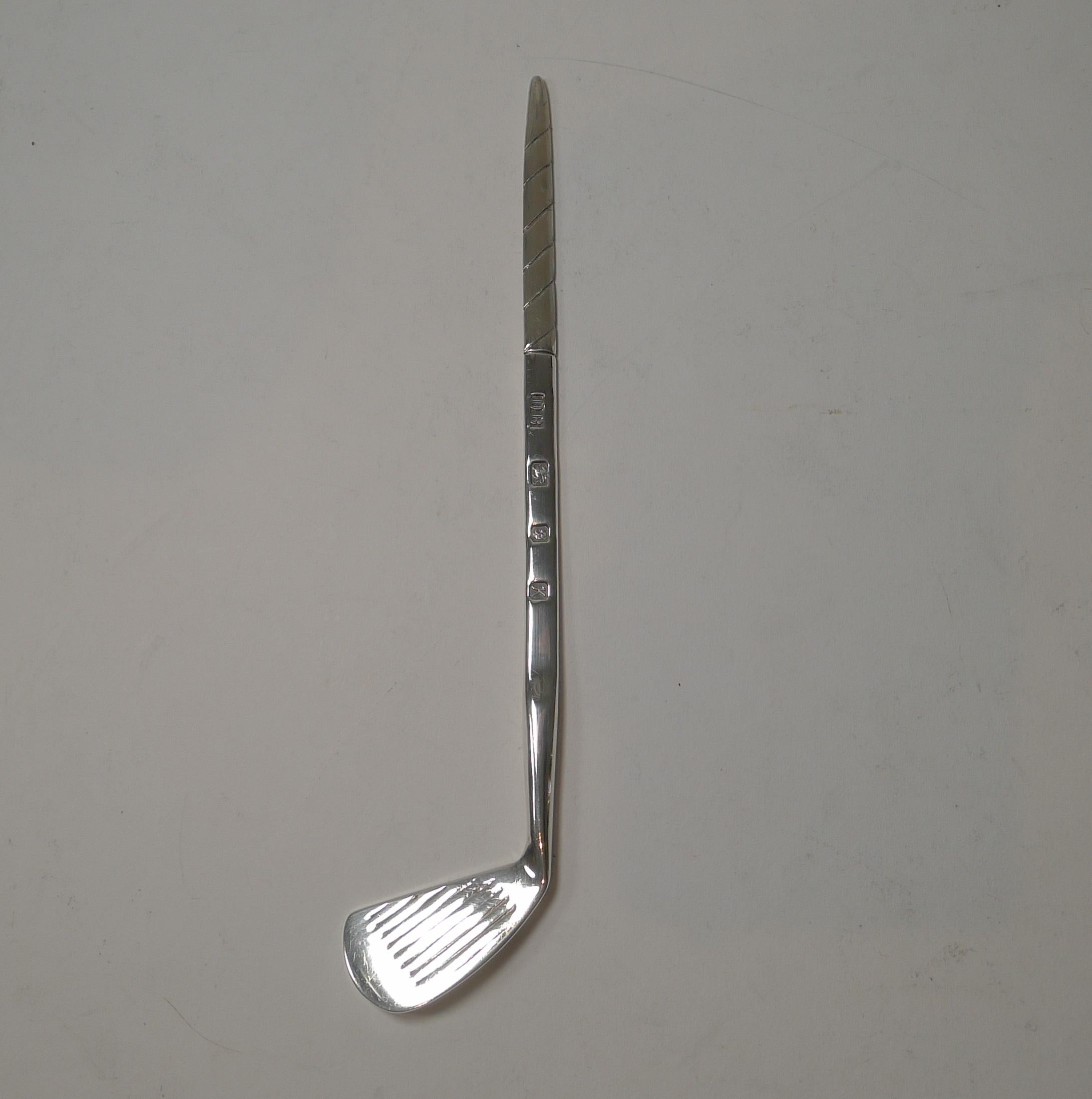 Vintage English Solid Silver Novelty Golf Club Letter Opener, London 1984 In Good Condition For Sale In Bath, GB