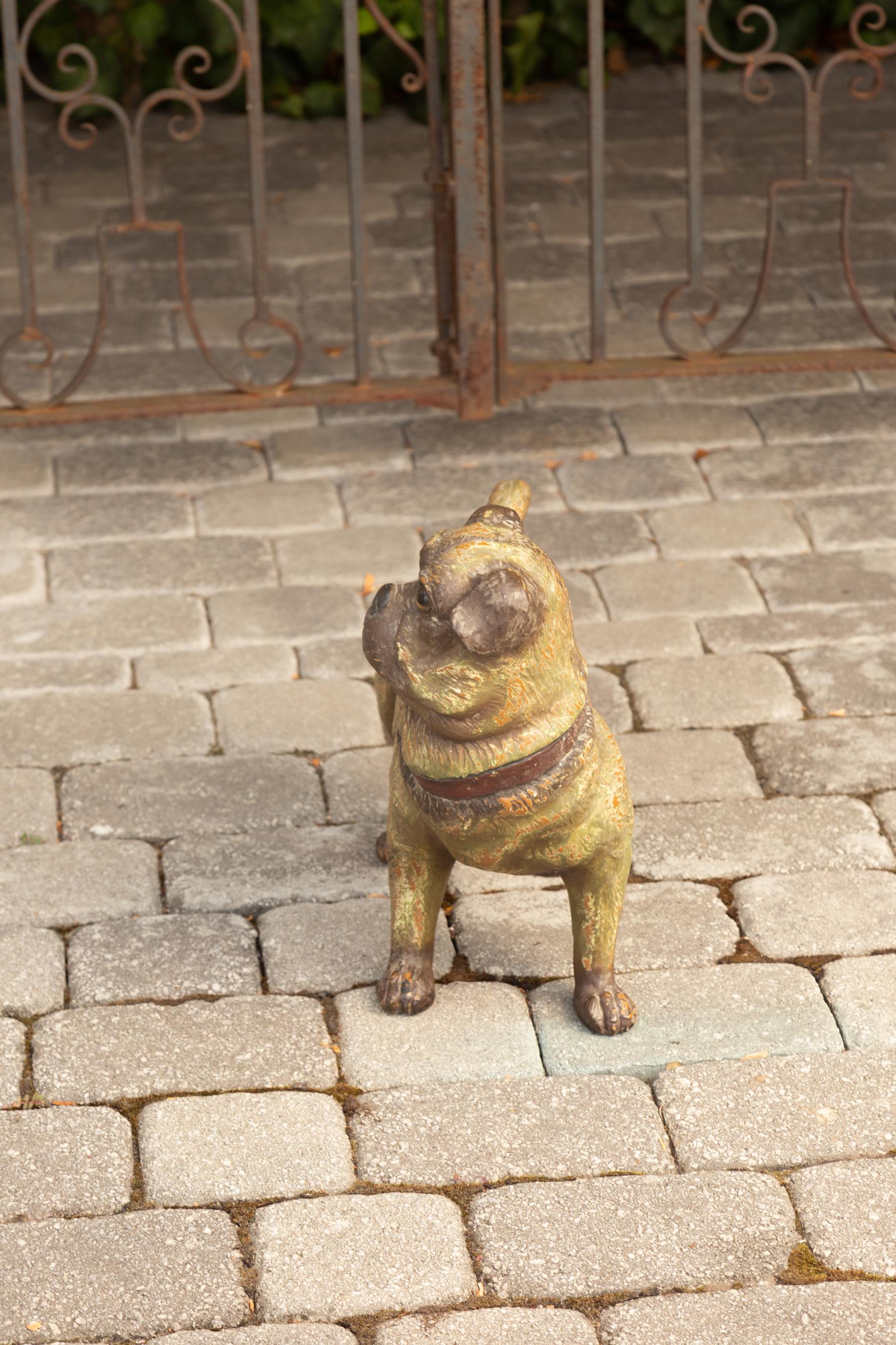 Vintage English Standing Pug Composition Sculpture with Glass Eyes and Collar For Sale 2