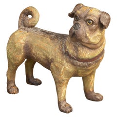Vintage English Standing Pug Composition Sculpture with Glass Eyes and Collar
