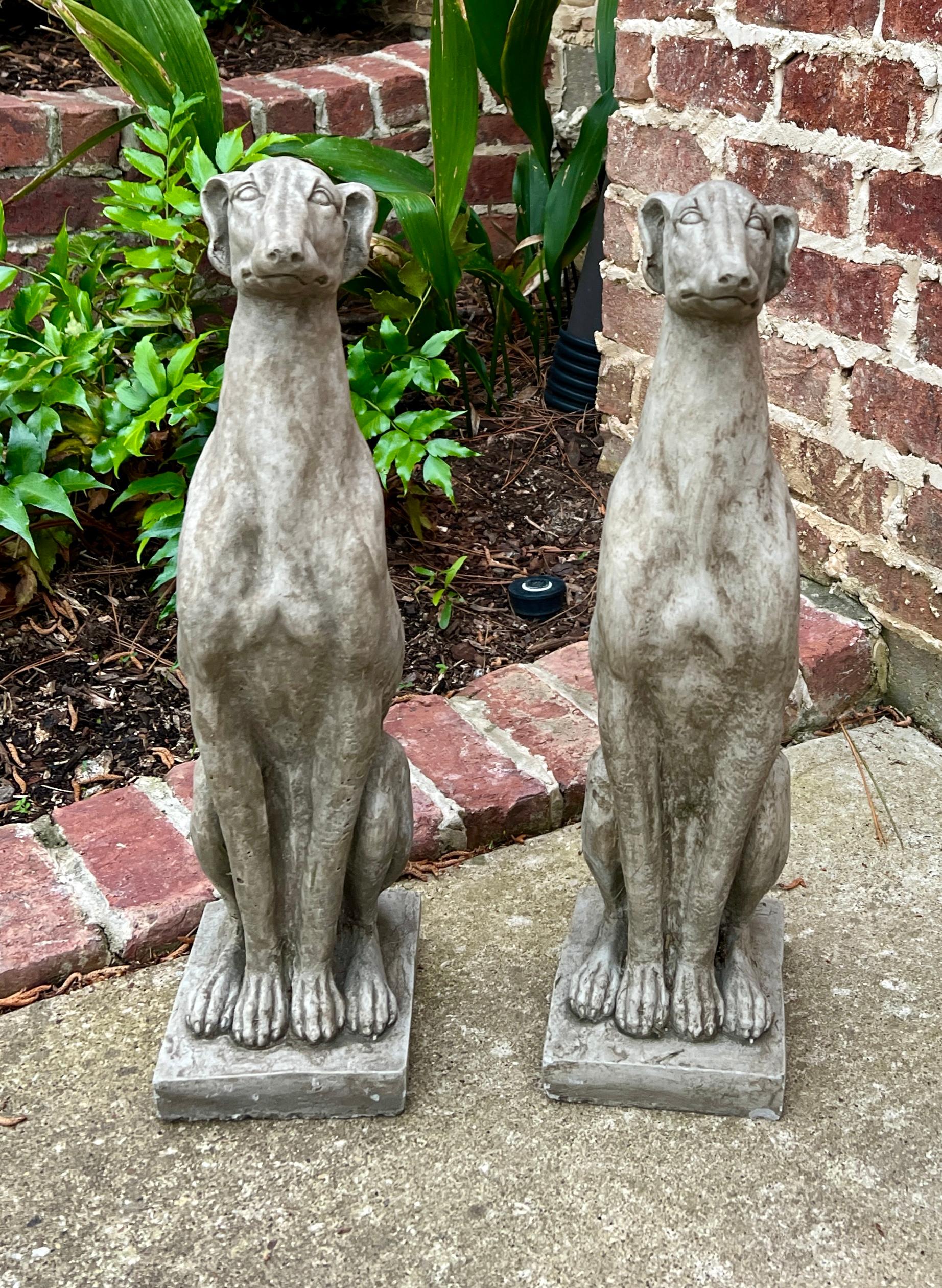 Vintage English Cast Stone Statues PAIR DOGS/WHIPPETS Garden Figures Yard Decor

Original aged patina sitting on square base

The perfect accent piece or focal point in an entryway, garden, yard, flower bed, or sunroom

Each lion is 22