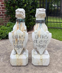 Vintage English Statues Garden Figures Gargoyles Brass Collars Cast Stone Pair